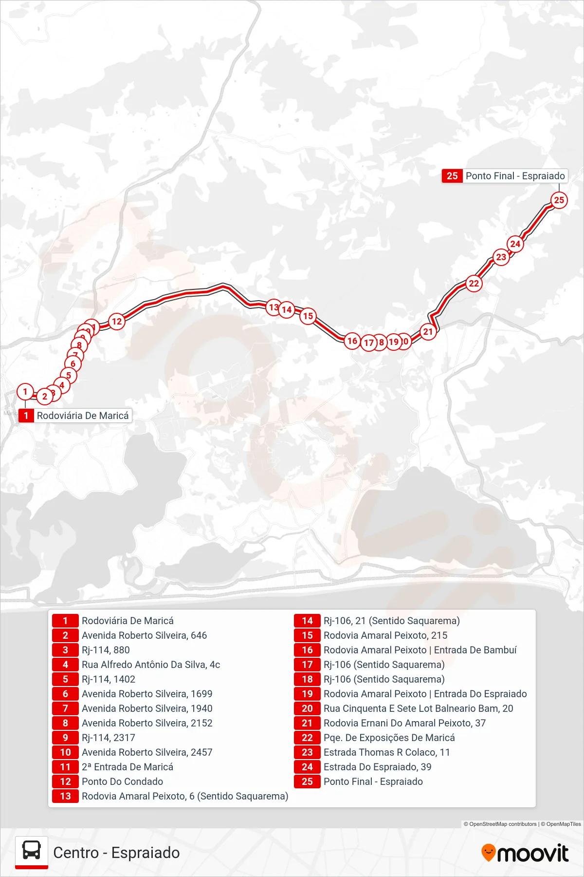 Rota e paradas da linha de ônibus E06 (Espraiado) no mapa