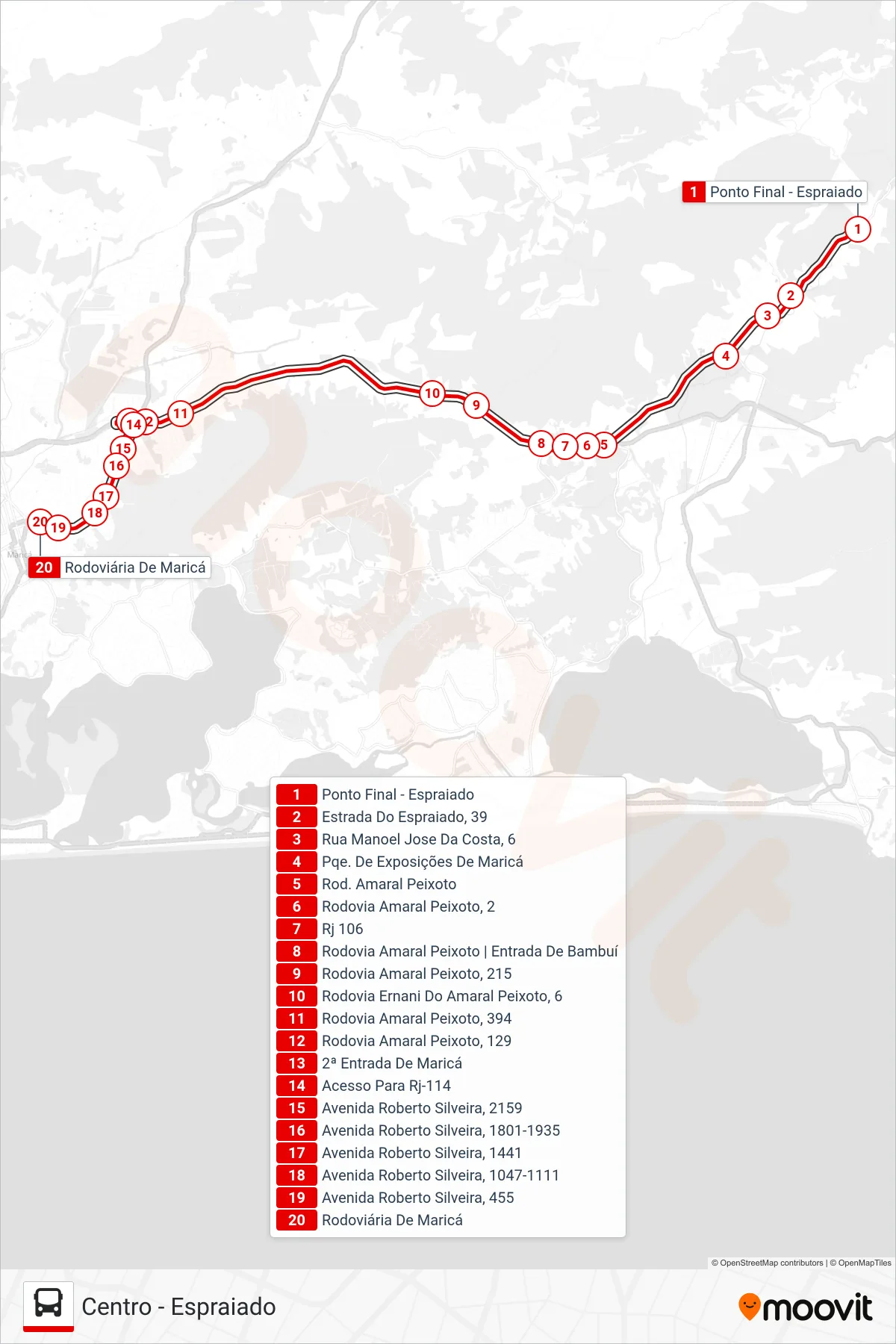 Rota e paradas da linha de ônibus E06 (Centro) no mapa