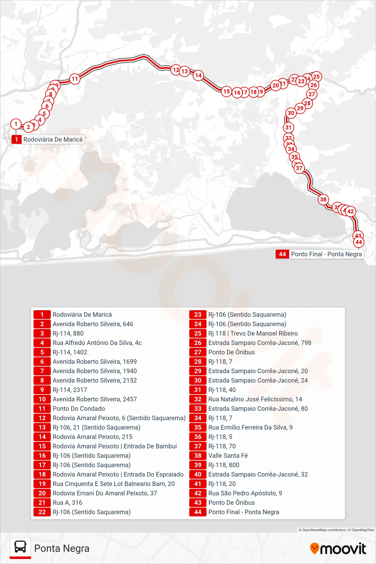 Rota e paradas da linha de ônibus E01 (Ponta Negra) no mapa