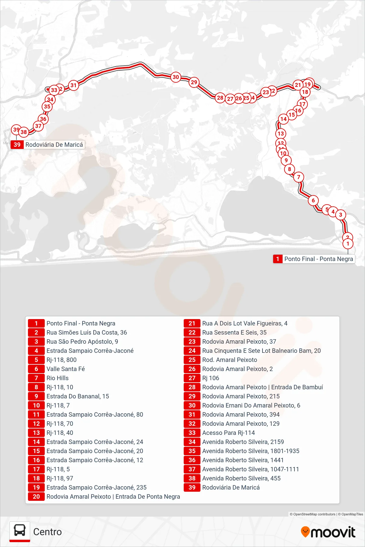 Rota e paradas da linha de ônibus E01 (Centro) no mapa