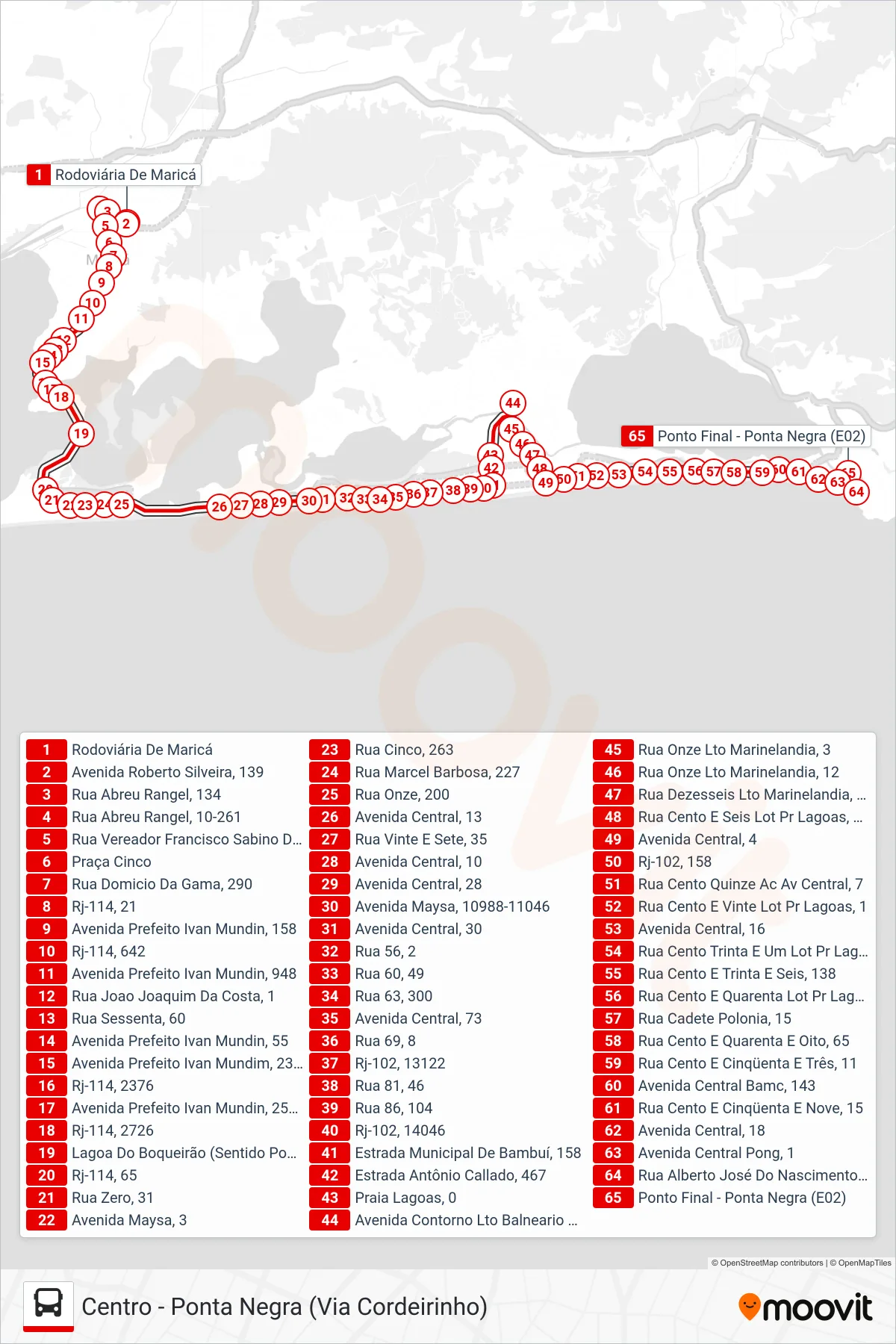 E02 bus Line (Ponta Negra) route and stops on a map