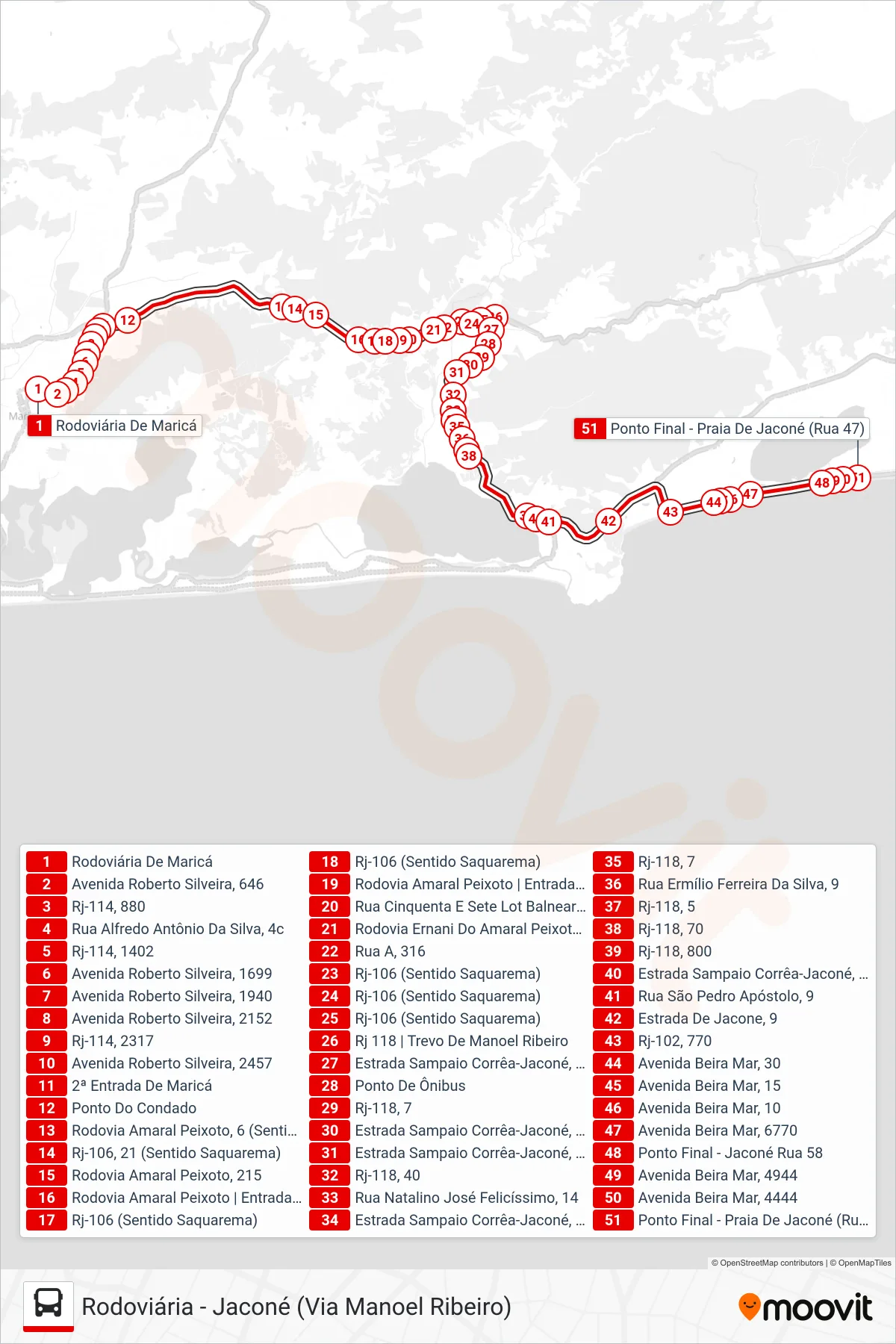 Rota e paradas da linha de ônibus  E14  (Jaconé) no mapa