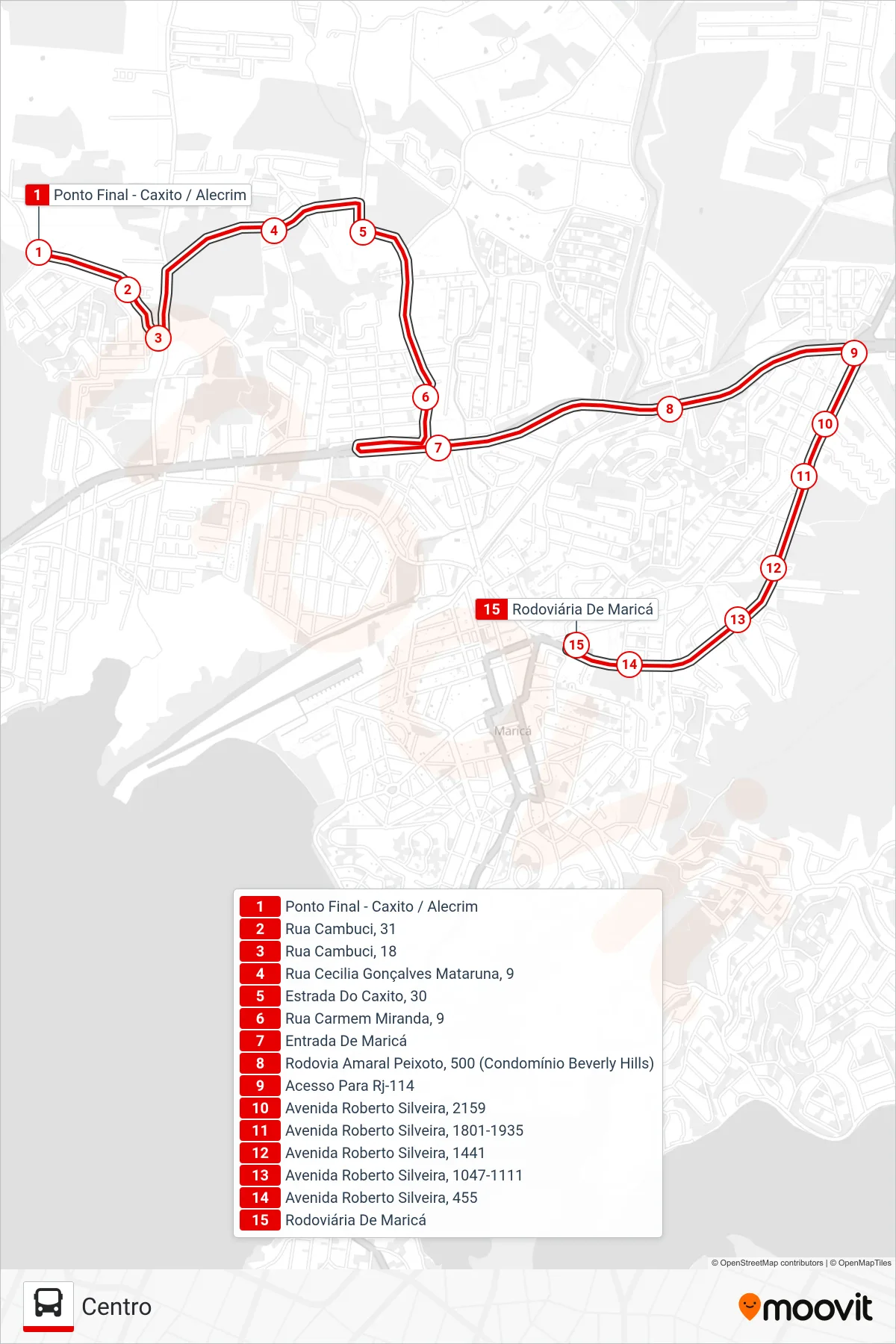 E07 bus Line (Centro) route and stops on a map