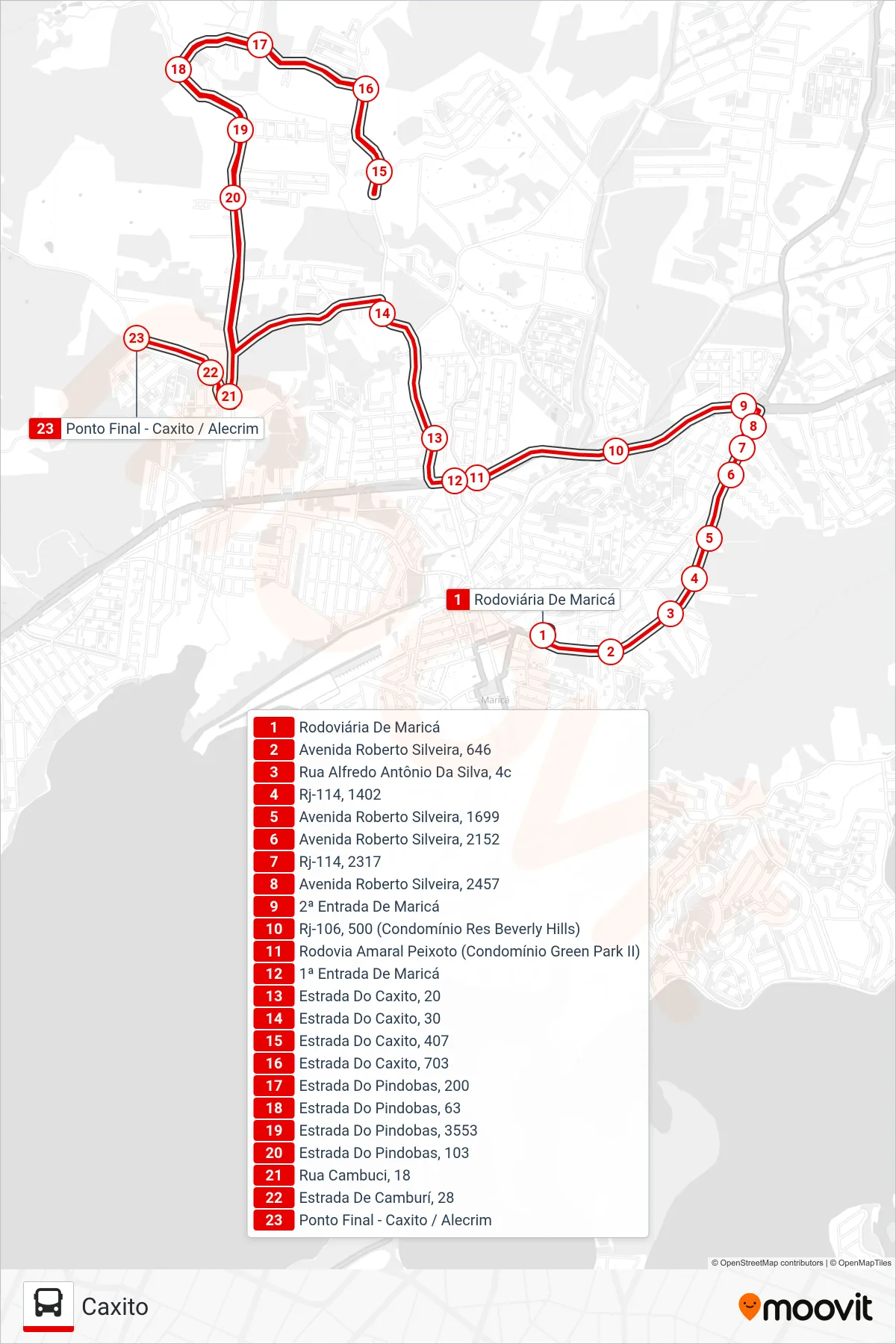 Rota e paradas da linha de ônibus E07 (Caxito) no mapa