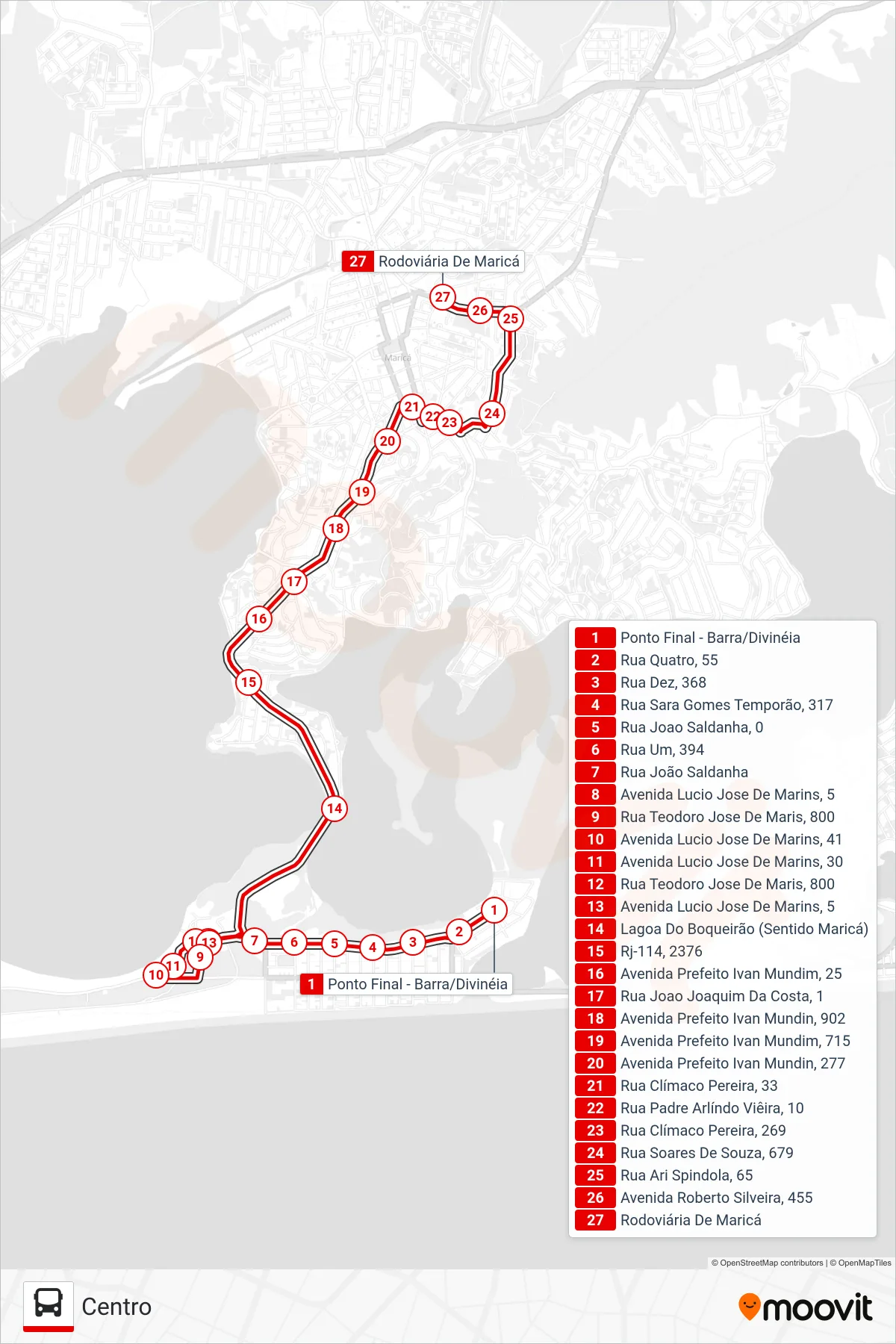 Rota e paradas da linha de ônibus E12 (Centro) no mapa