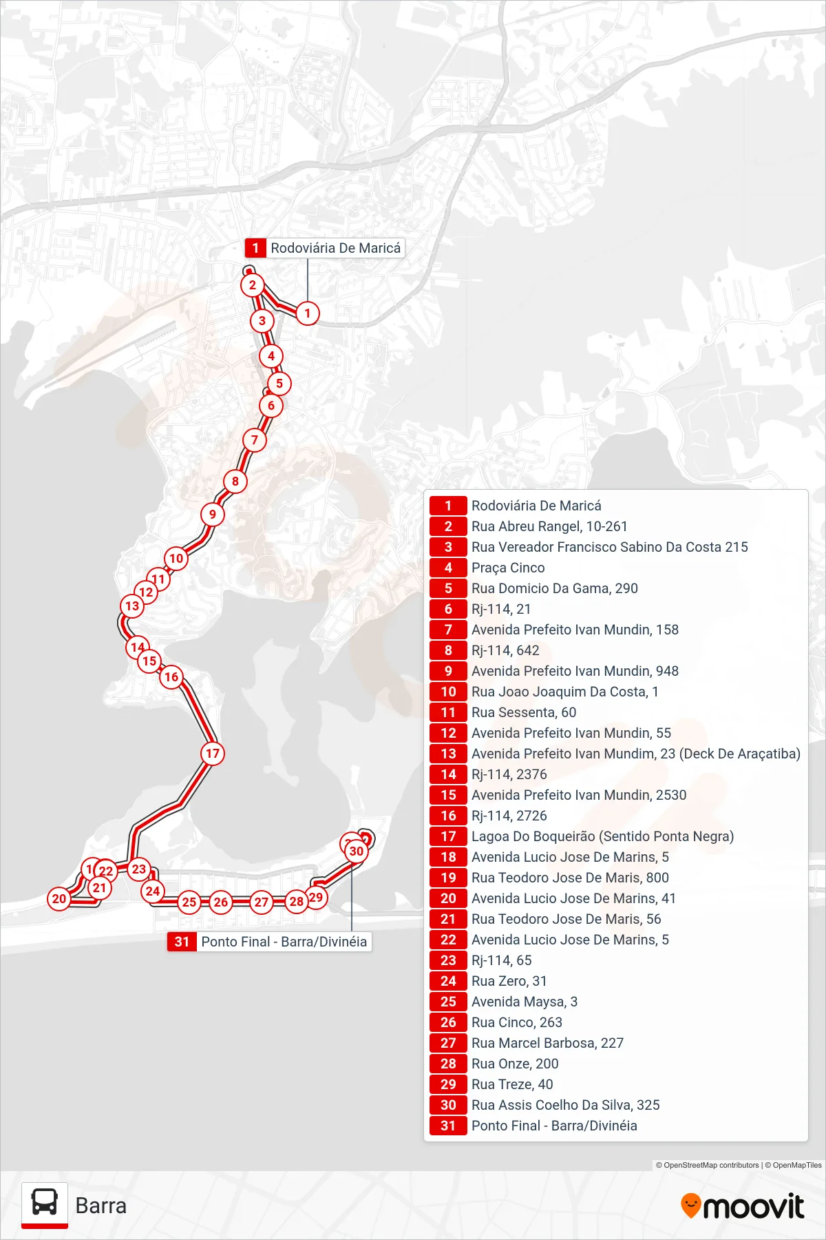 Rota e paradas da linha de ônibus E12 (Barra) no mapa