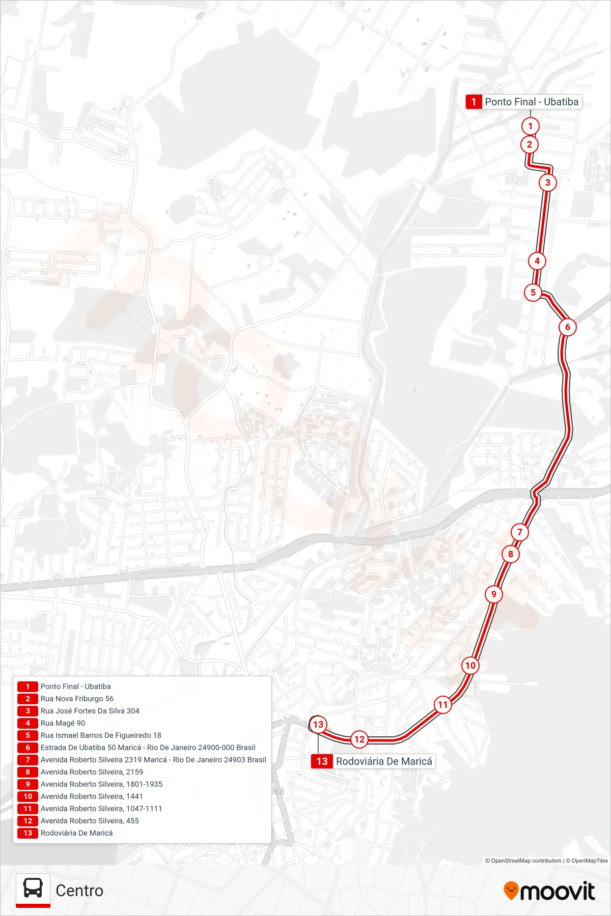 Rota e paradas da linha de ônibus  E03  (Centro) no mapa
