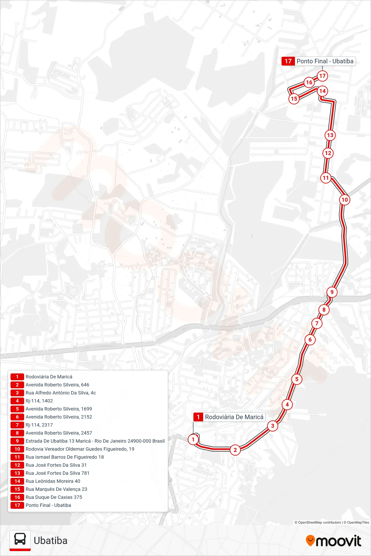 Rota e paradas da linha de ônibus  E03  (Ubatiba) no mapa