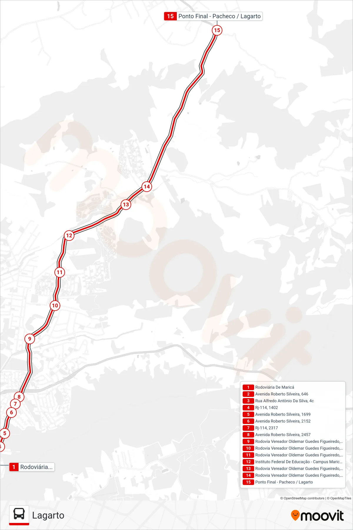 Rota e paradas da linha de ônibus E05 (Lagarto) no mapa