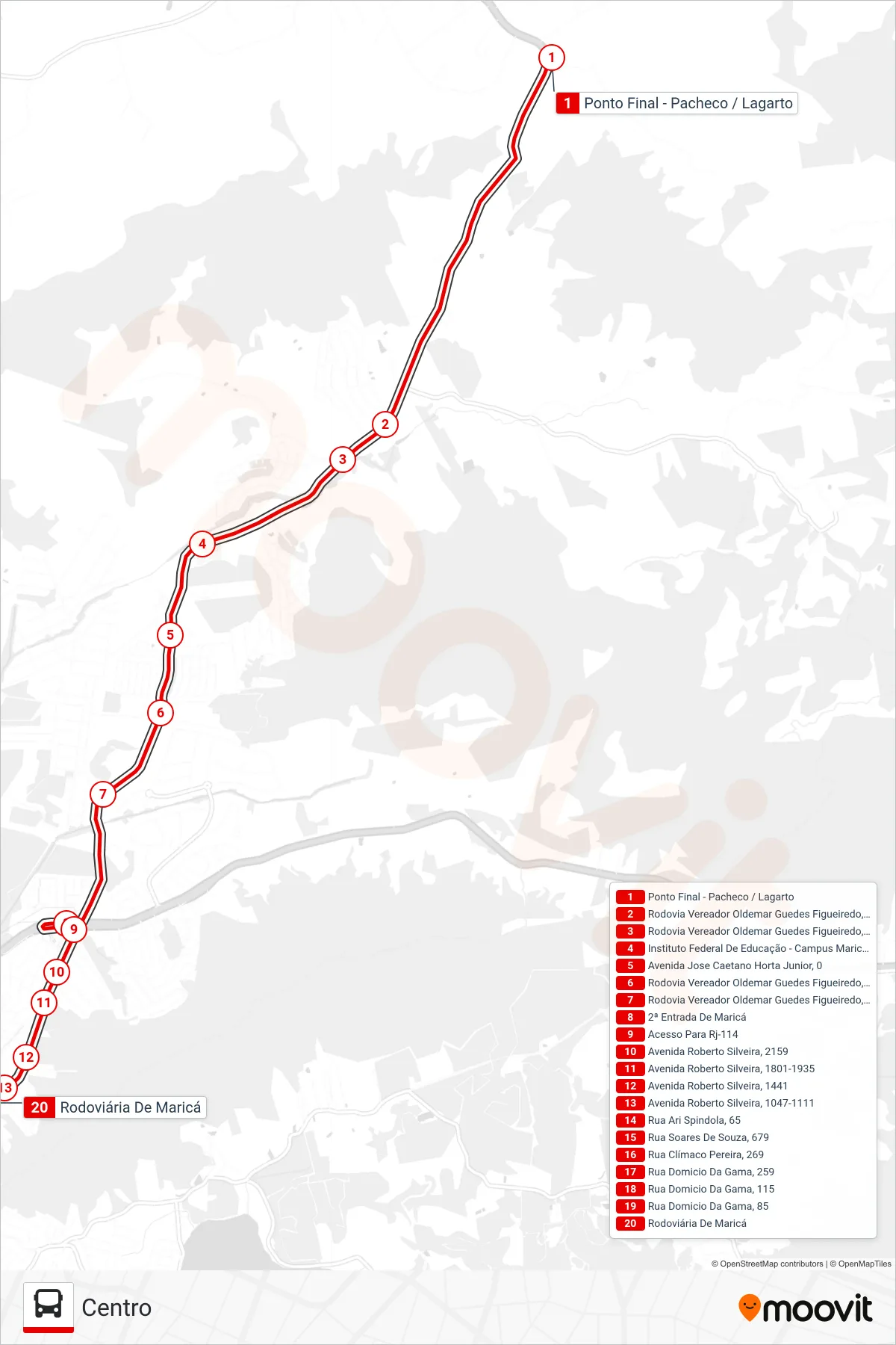 Rota e paradas da linha de ônibus E05 (Centro) no mapa