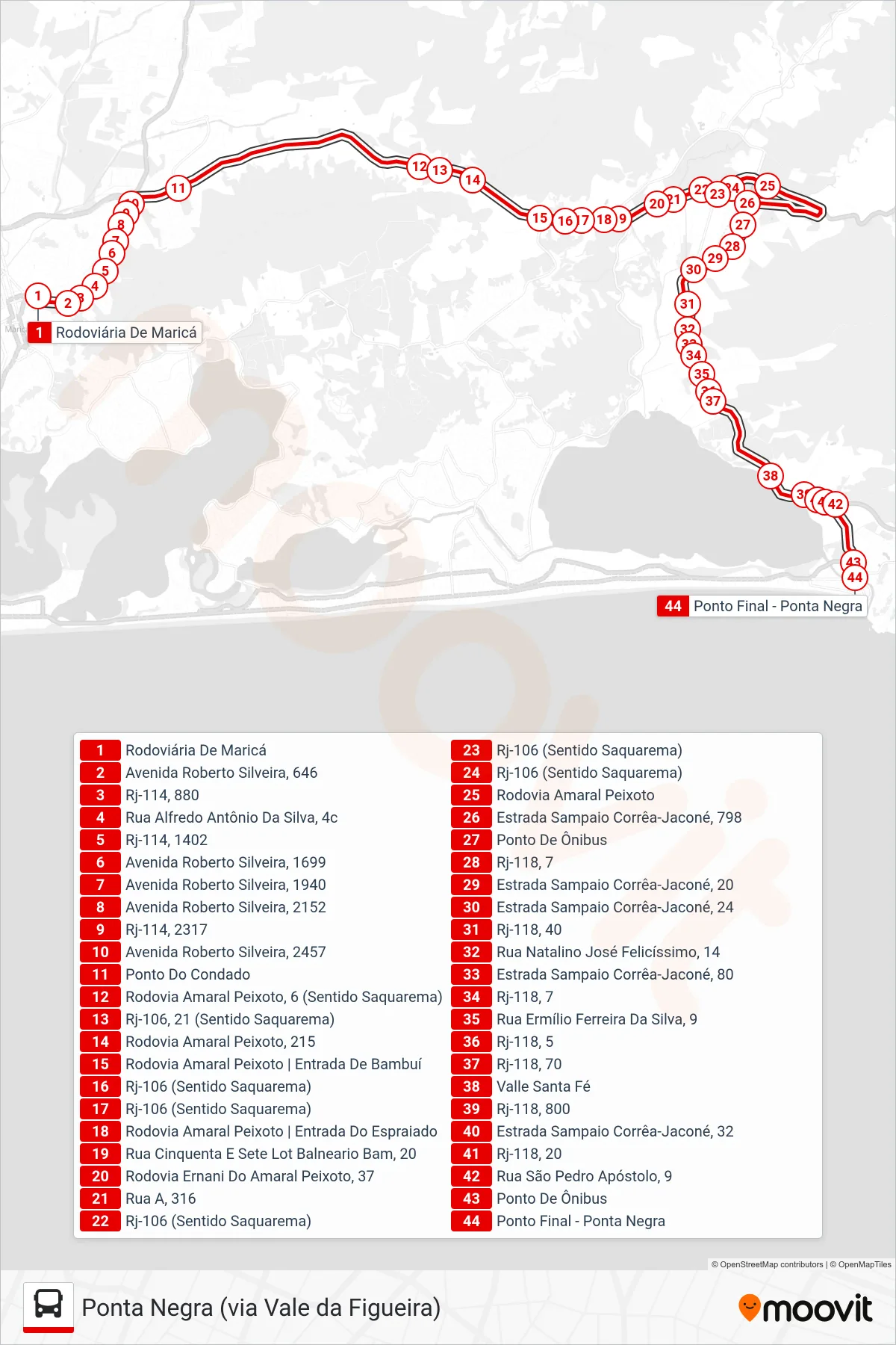 Rota e paradas da linha de ônibus E01A (Ponta Negra) no mapa