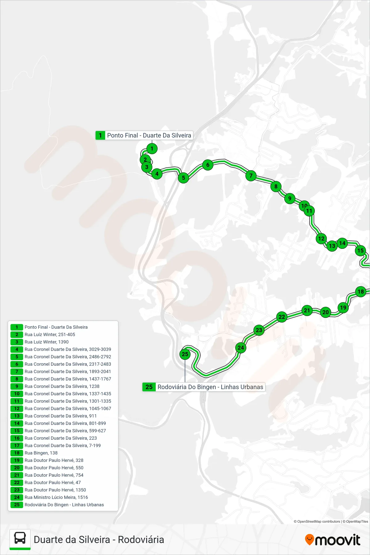 Rota e paradas da linha de ônibus 111 (Terminal Bingen) no mapa