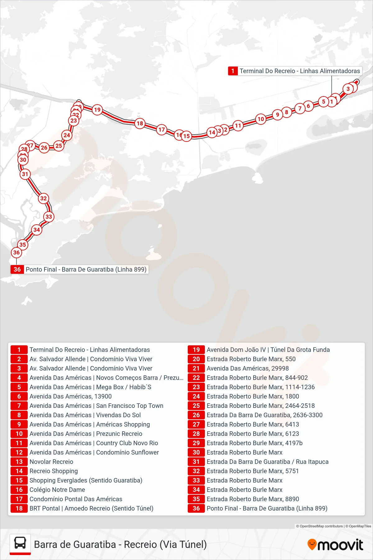 Rota e paradas da linha de ônibus  899  (Barra De Guaratiba) no mapa