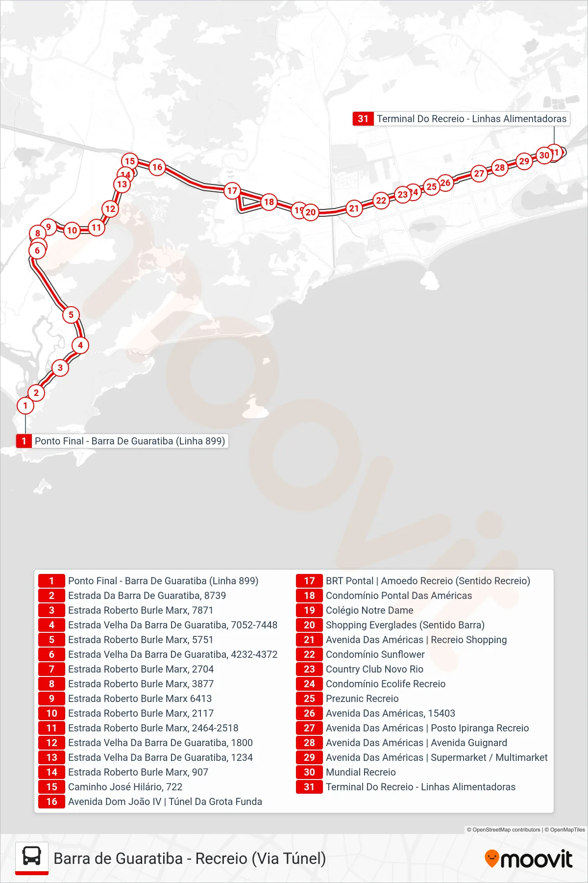 Rota e paradas da linha de ônibus 899 (Recreio) no mapa