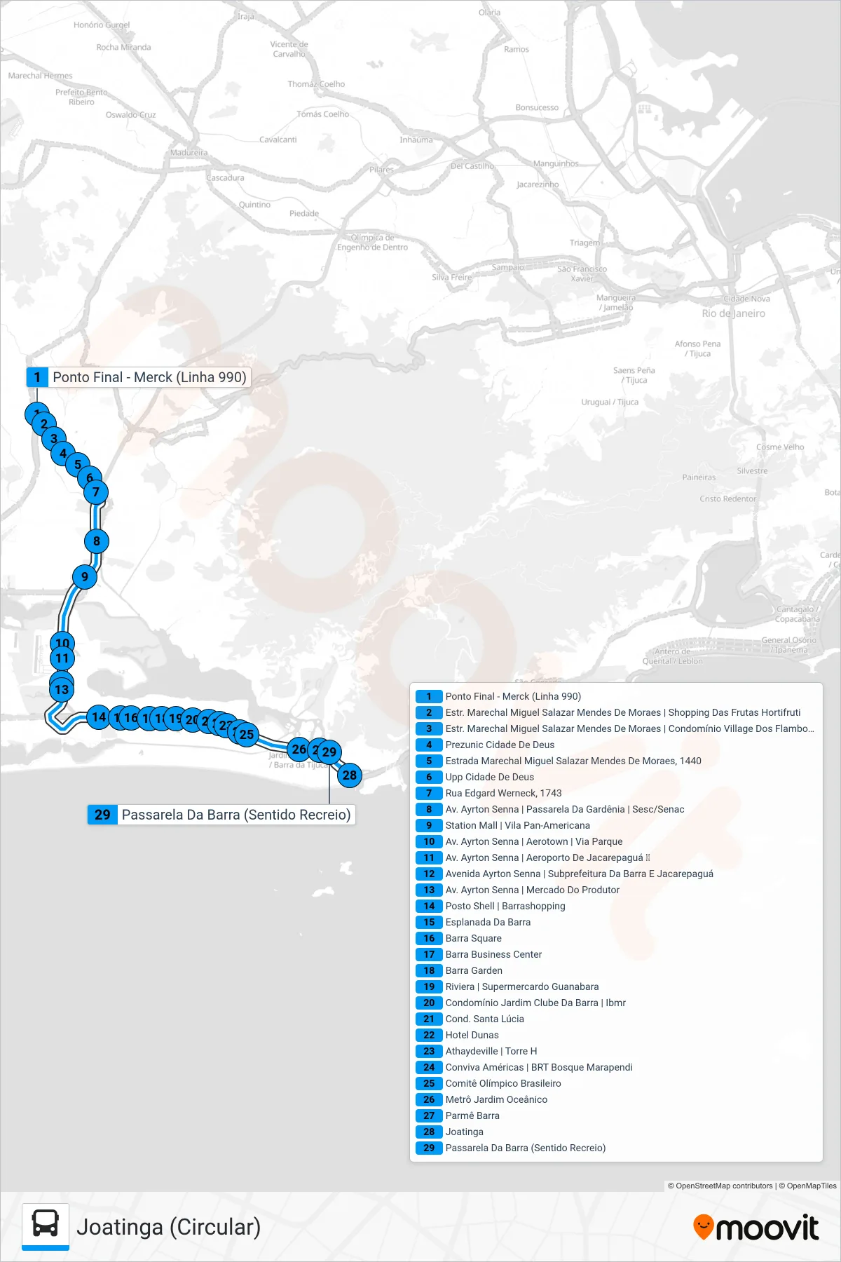 Rota e paradas da linha de ônibus 990 (Joatinga (Circular)) no mapa