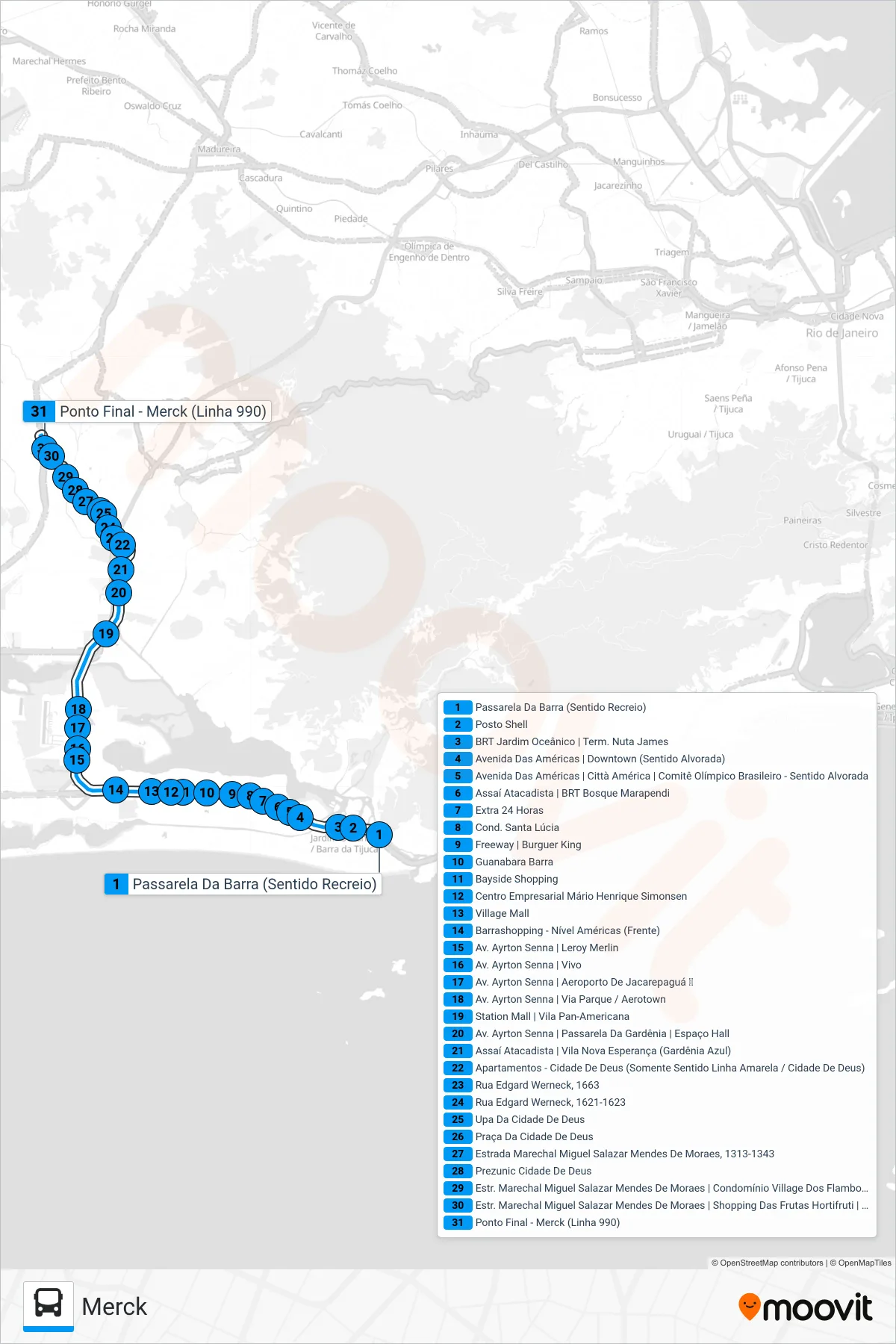990 bus Line (Merck) route and stops on a map