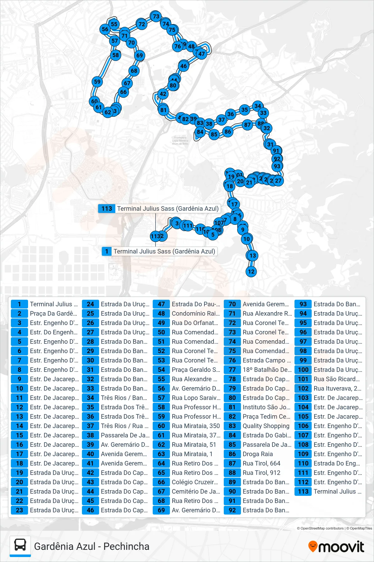 Rota e paradas da linha de ônibus 987 (Gardênia Azul ↔ Pechincha) no mapa