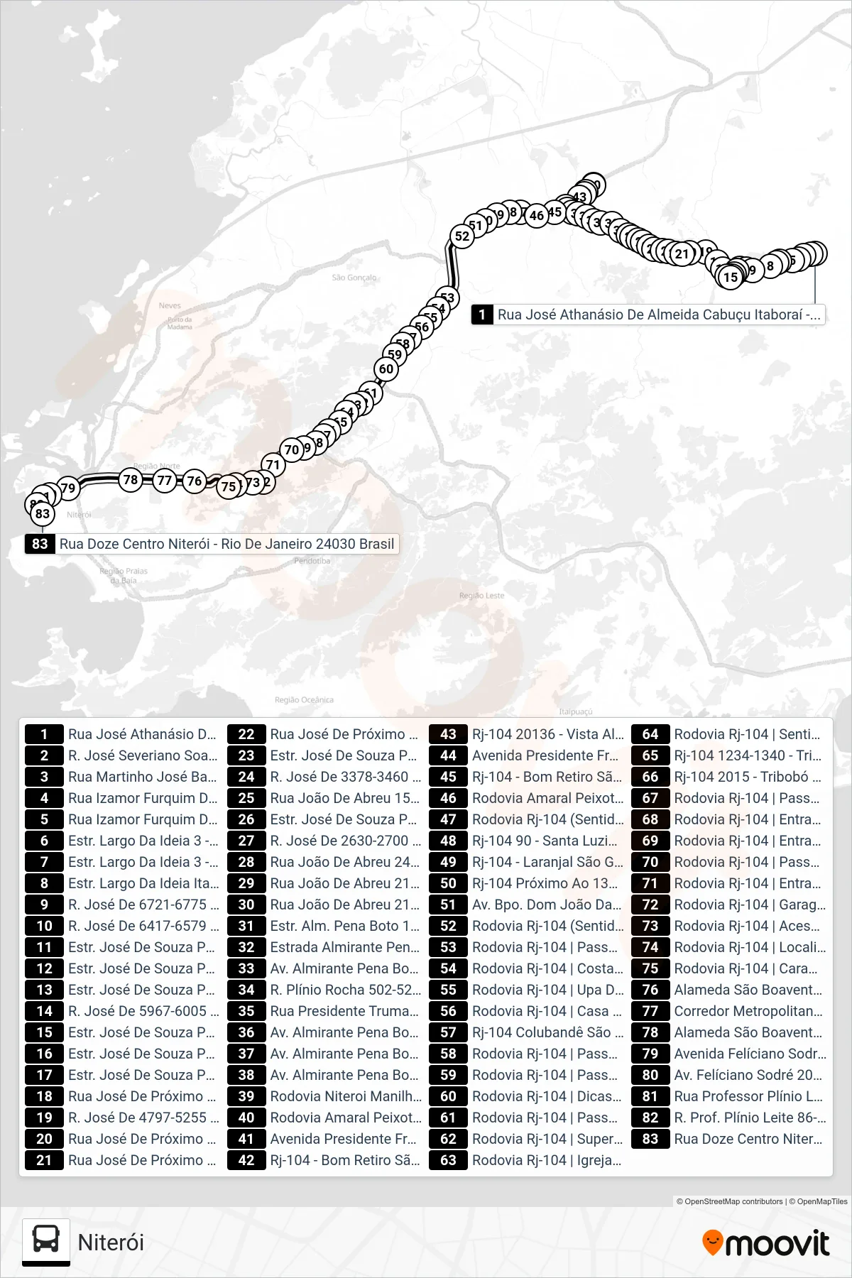Rota e paradas da linha de ônibus 430M (Niterói) no mapa