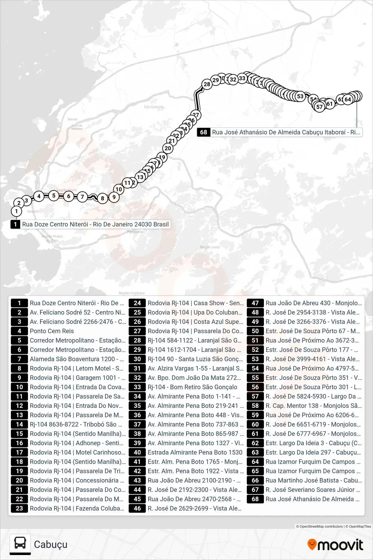 Rota e paradas da linha de ônibus 430M (Cabuçu) no mapa