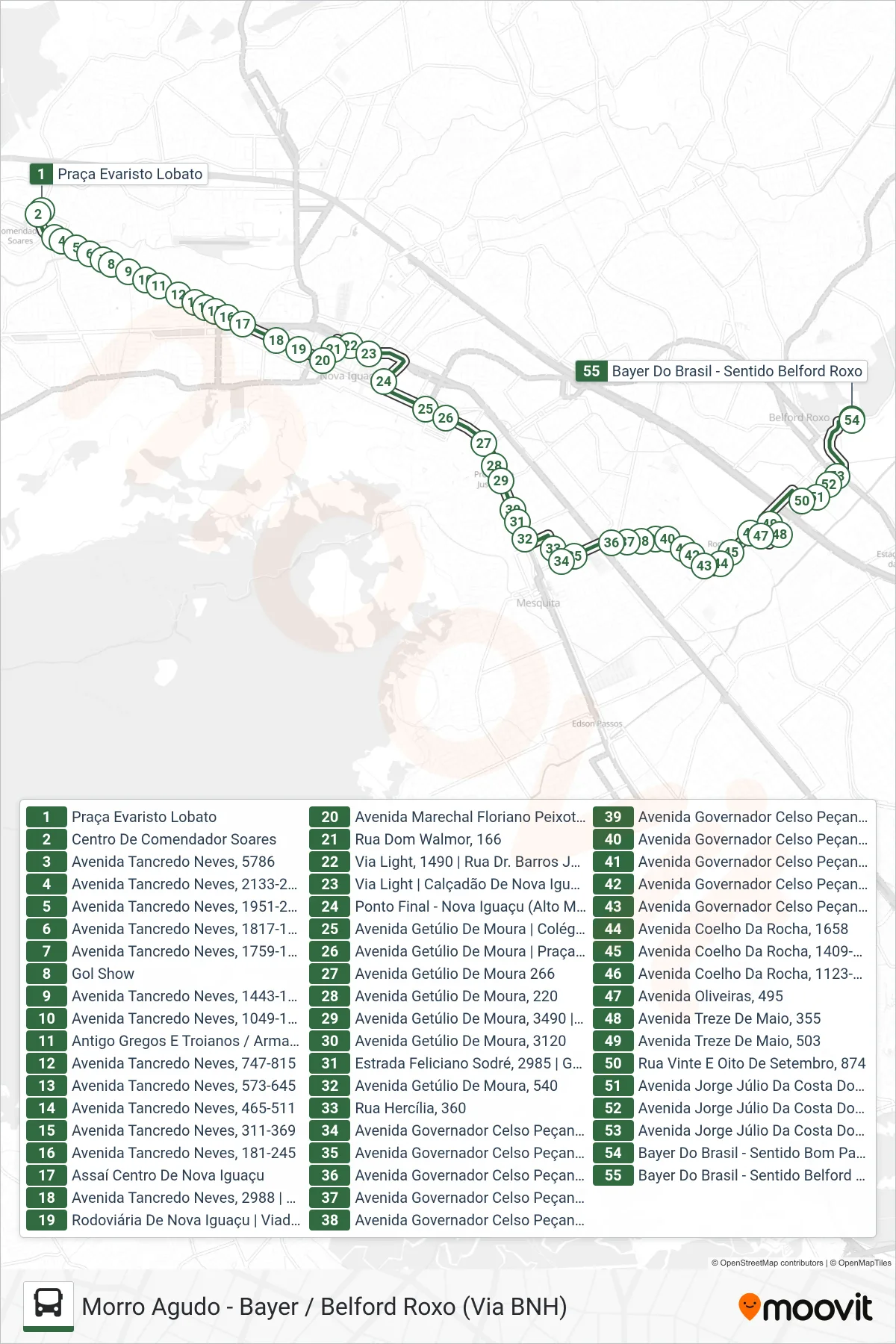 Rota e paradas da linha de ônibus 770I (Bayer / Belford Roxo (Via Bnh)) no mapa