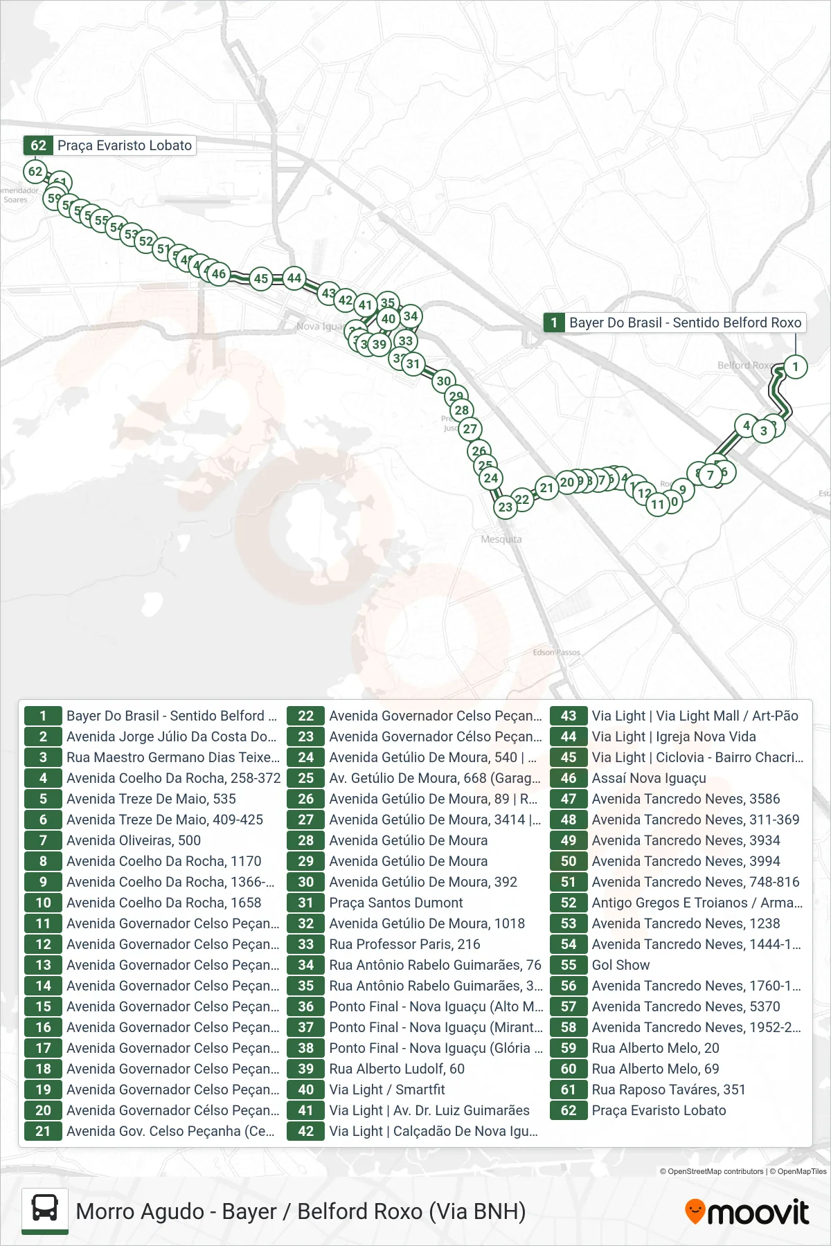 Rota e paradas da linha de ônibus 770I (Bayer / Belford Roxo → Morro Agudo (Via Bnh)) no mapa