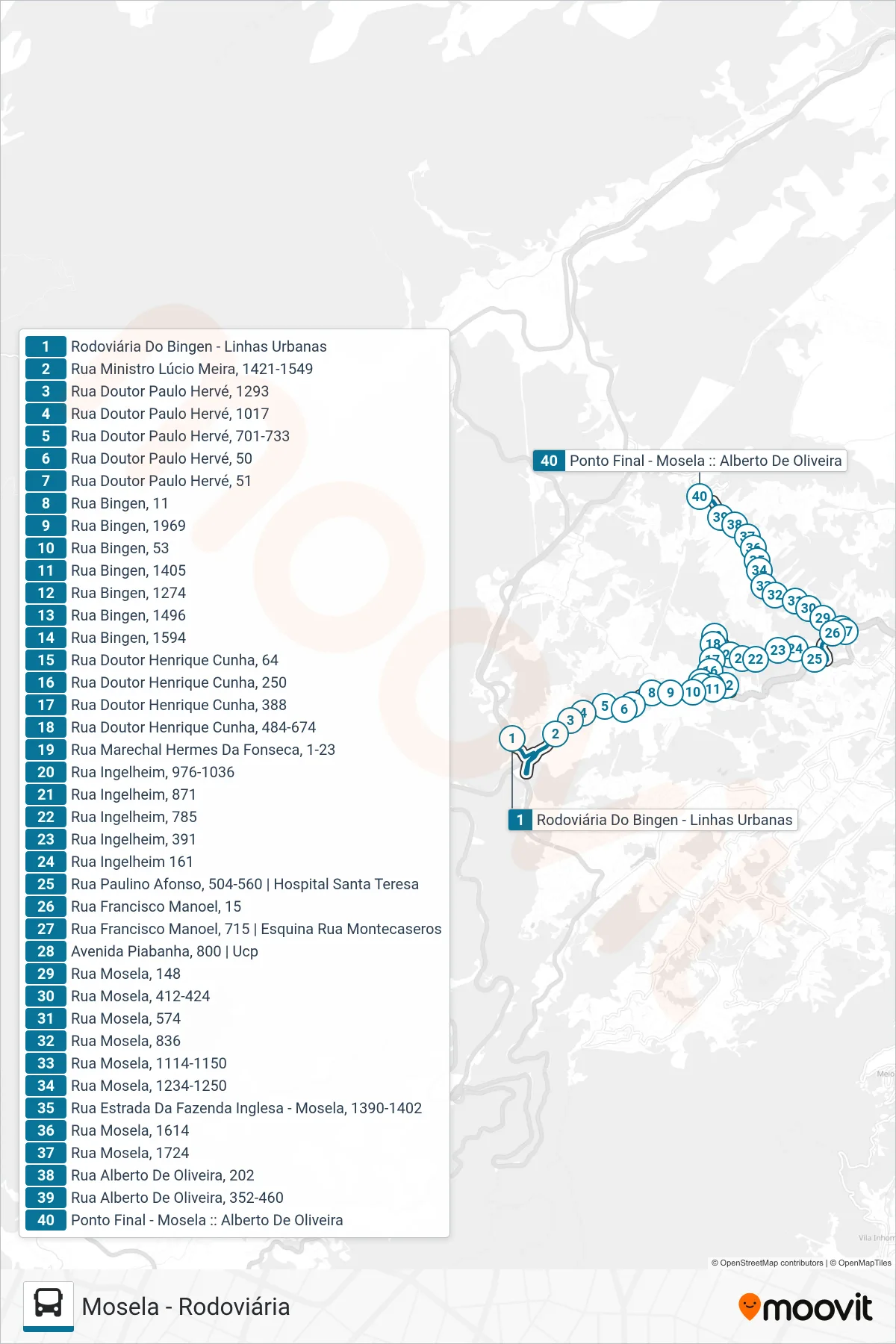 Rota e paradas da linha de ônibus 145 (Mosela) no mapa