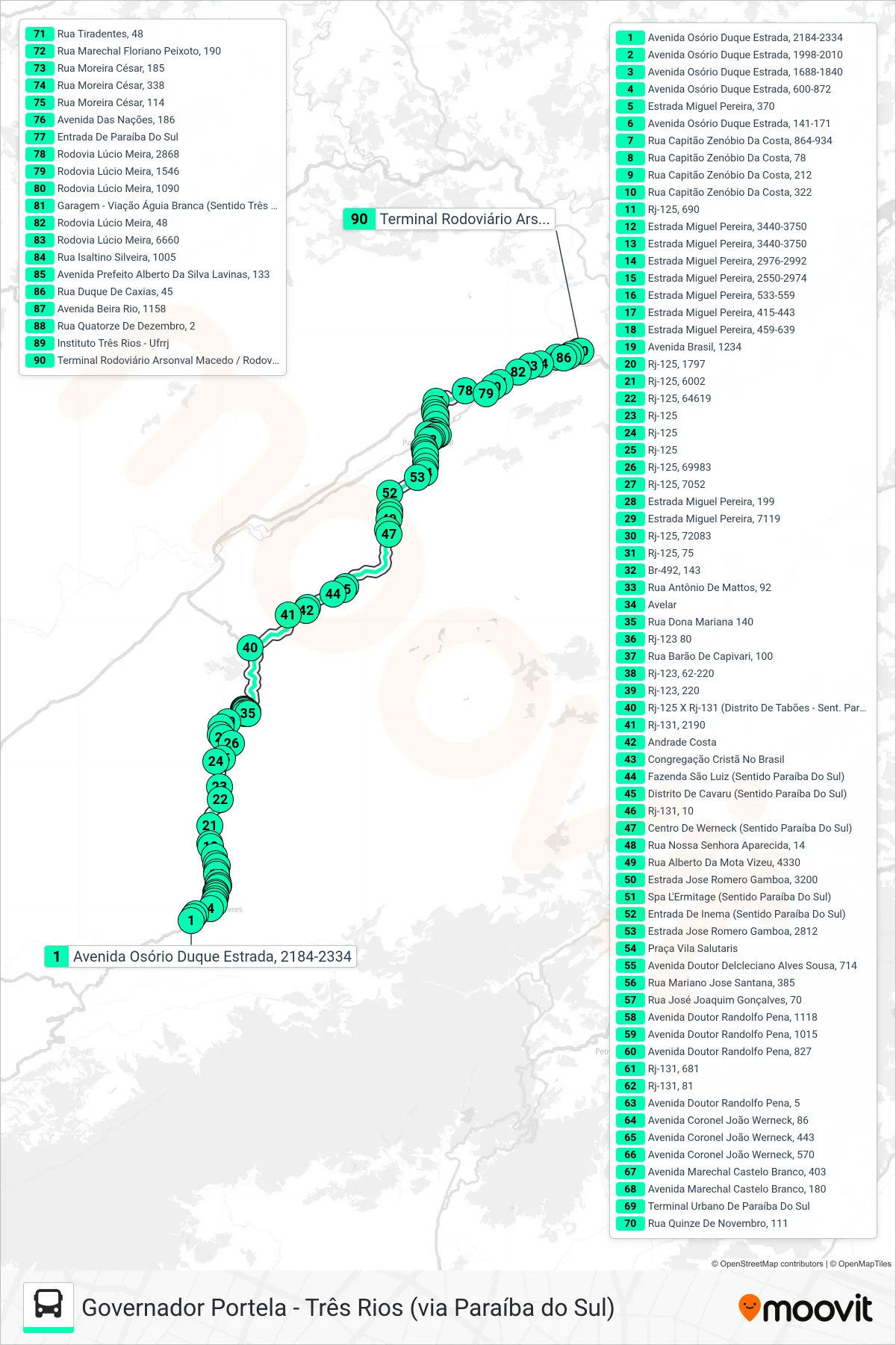 MP70 bus Line (Garagem Linave → Três Rios) route and stops on a map