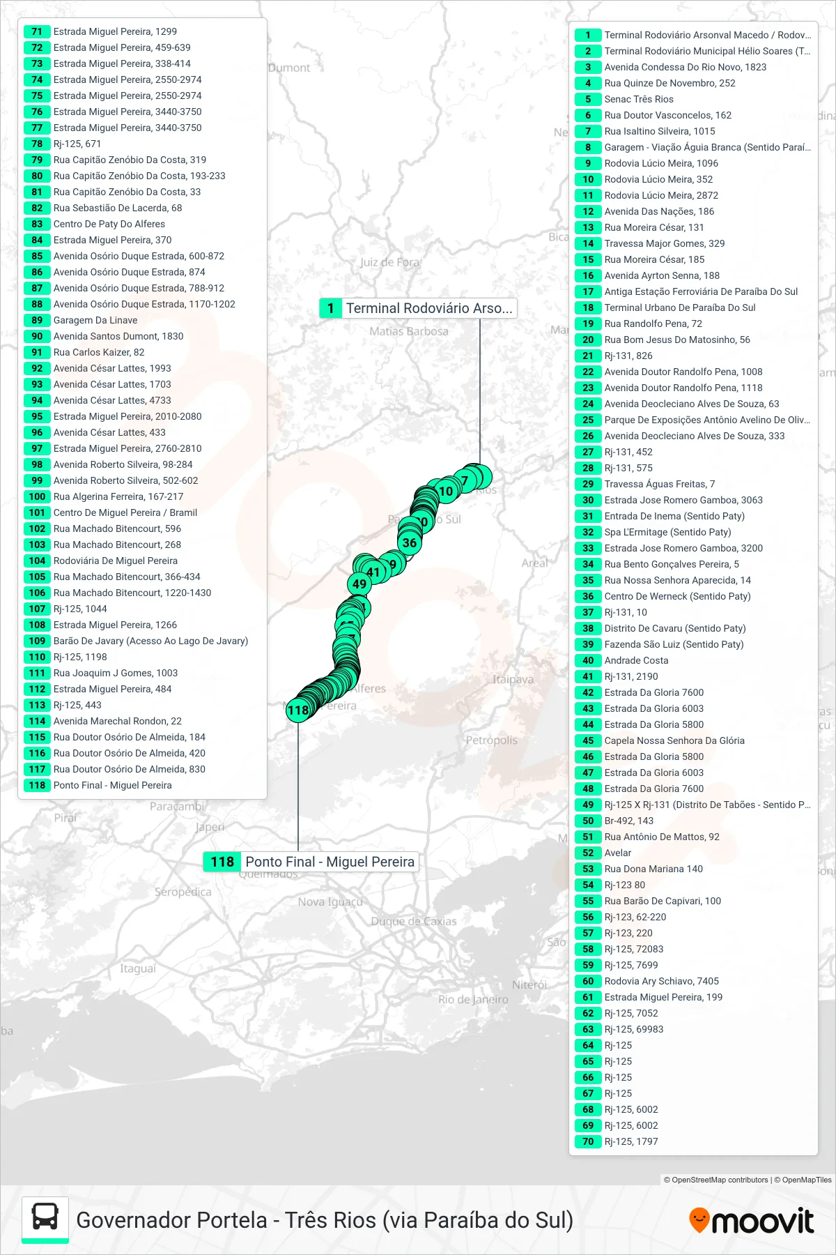 MP70 bus Line (Governador Portela (via Estrada da Glória)) route and stops on a map