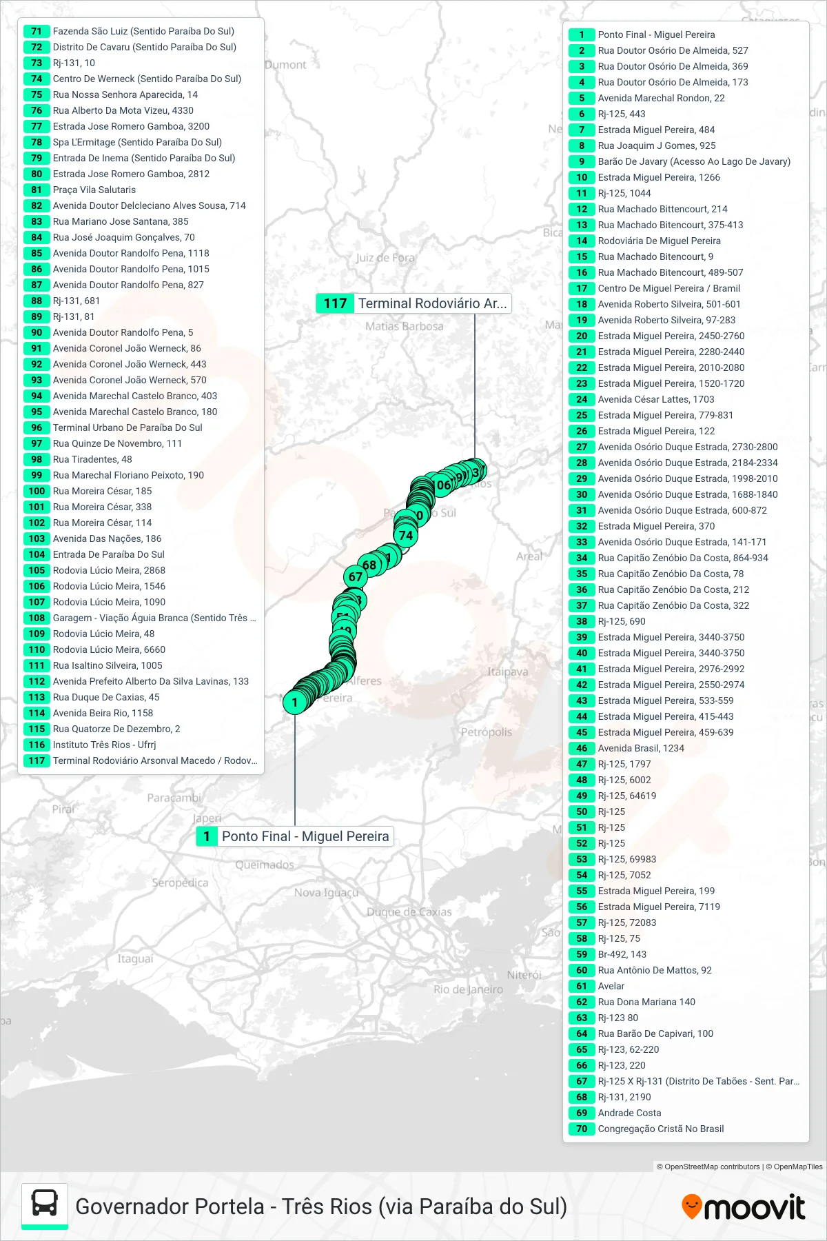 Rota e paradas da linha de ônibus MP70 (Três Rios) no mapa