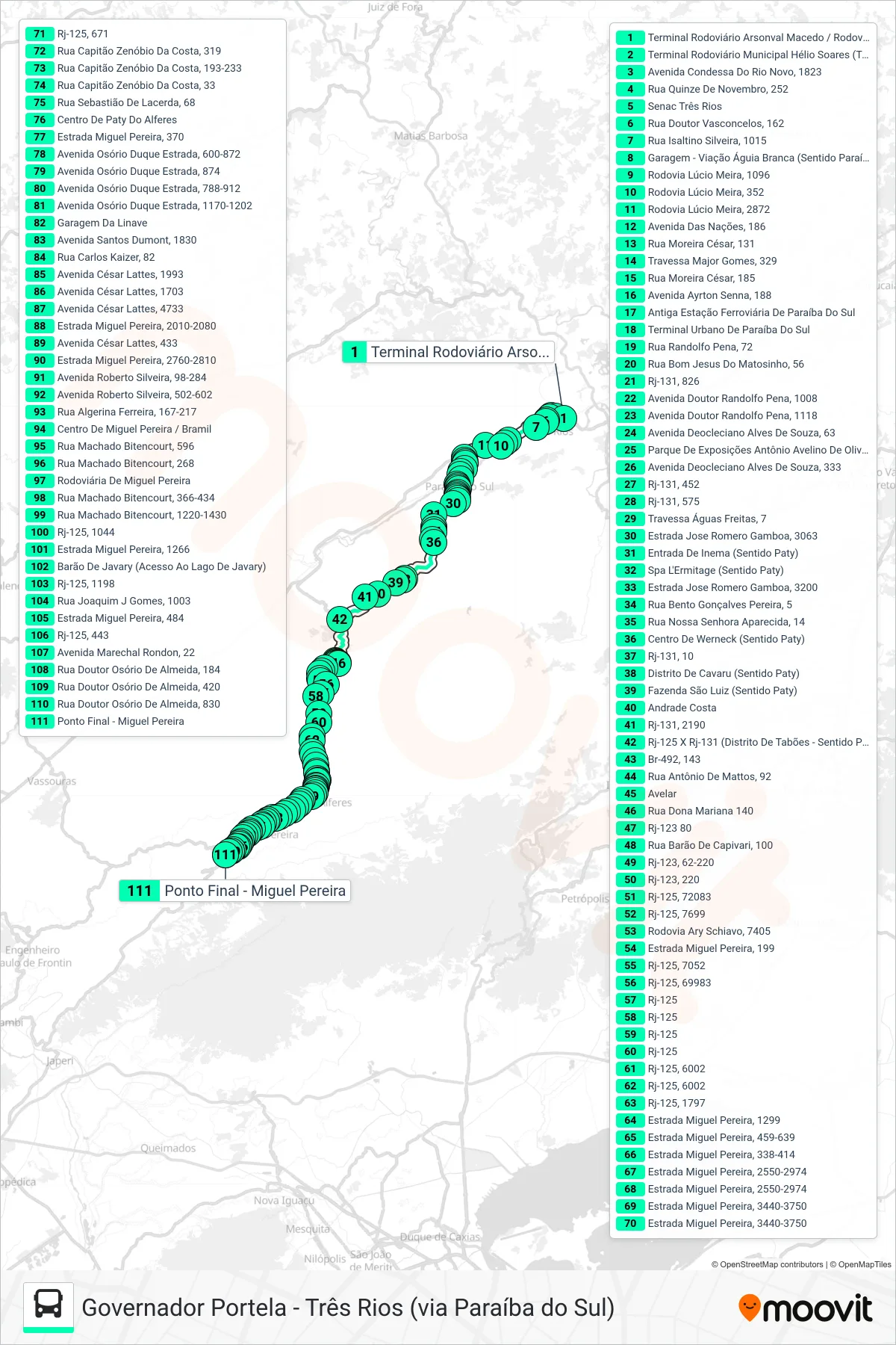MP70 bus Line (Governador Portela) route and stops on a map