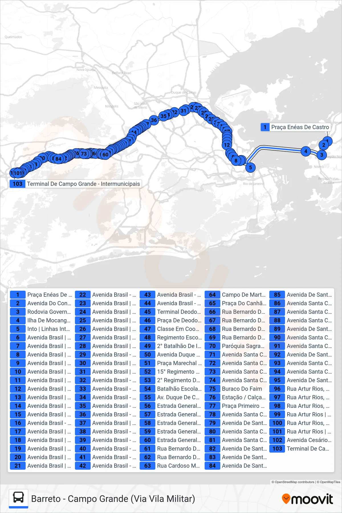 Rota e paradas da linha de ônibus 4425D (Campo Grande) no mapa