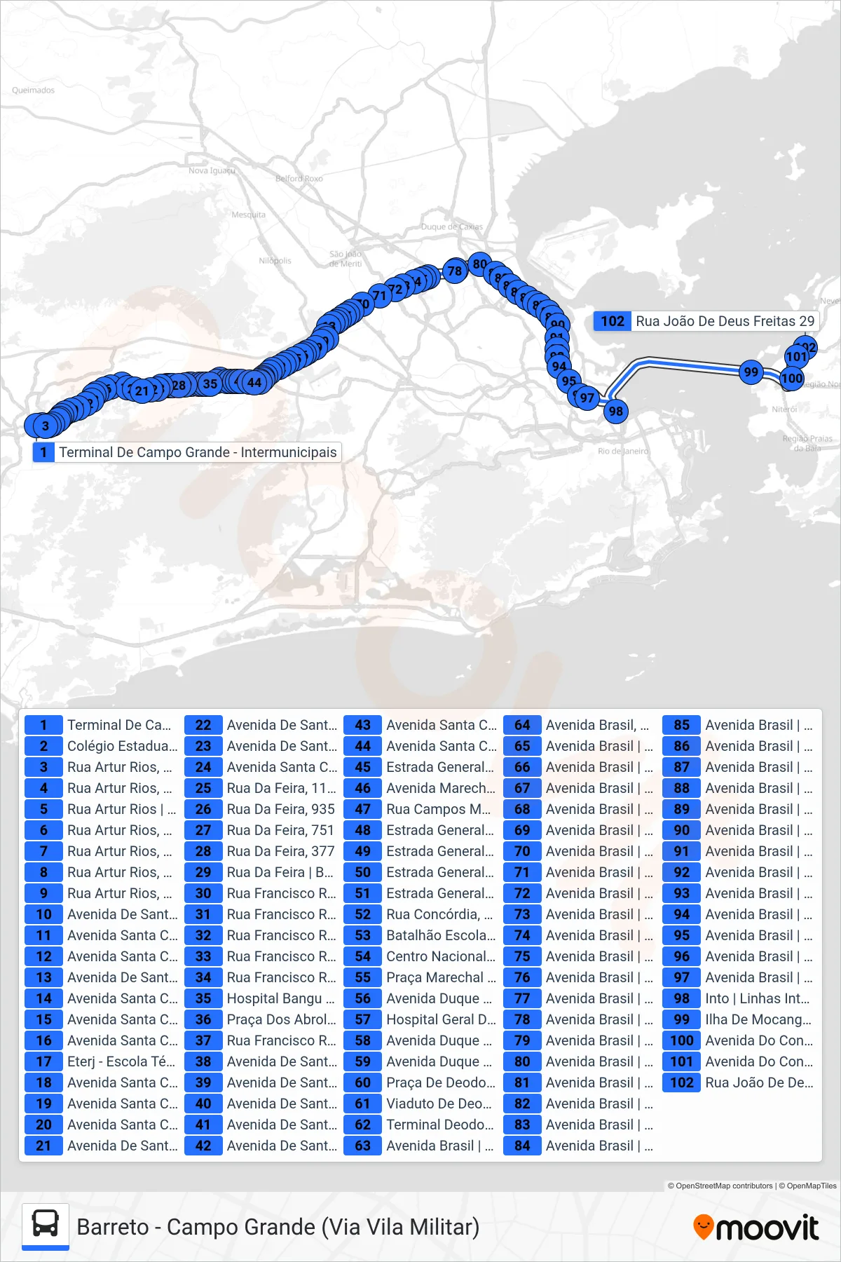 Rota e paradas da linha de ônibus 4425D (Barreto) no mapa