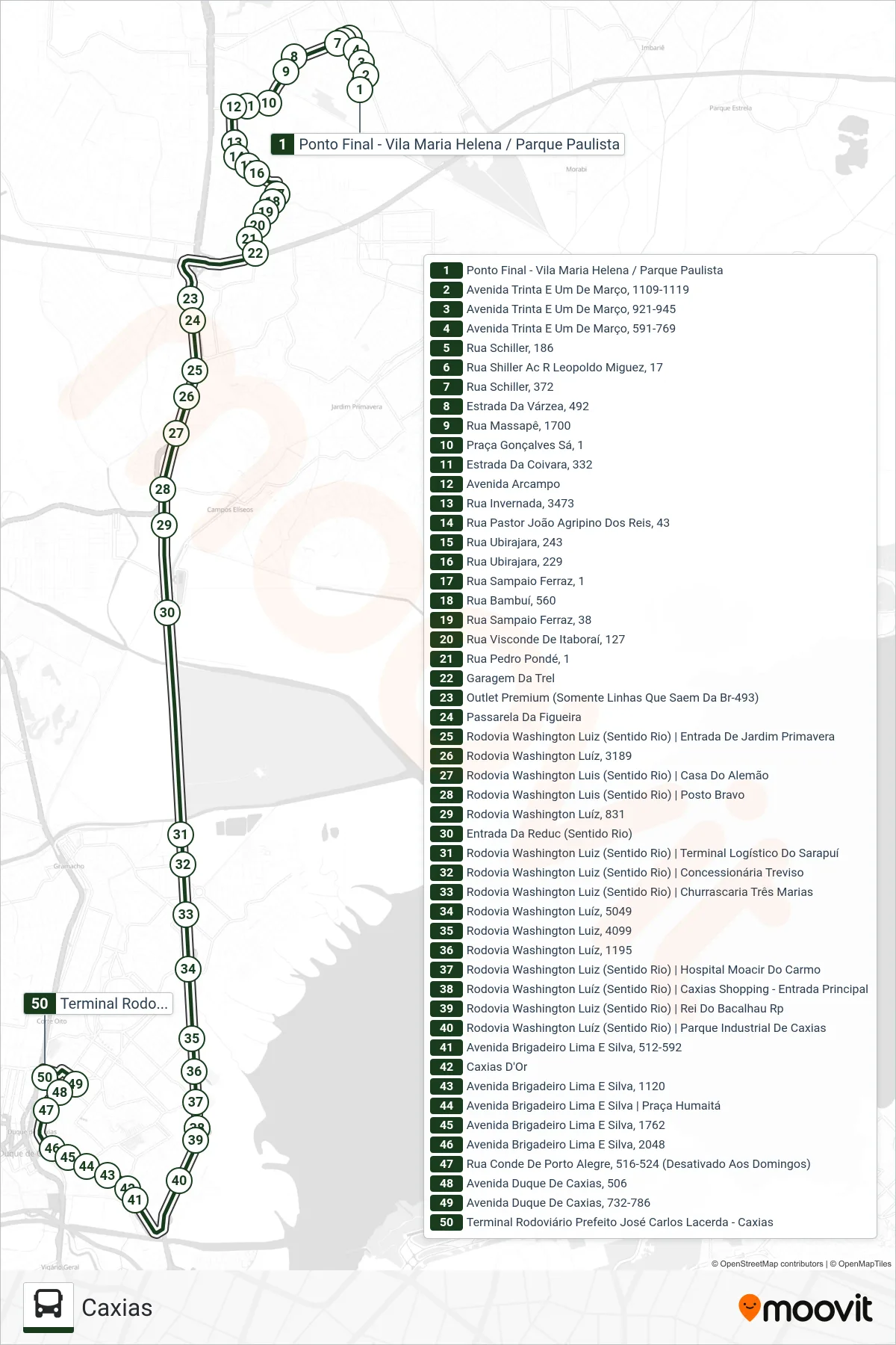 Rota e paradas da linha de ônibus  031  (Caxias) no mapa