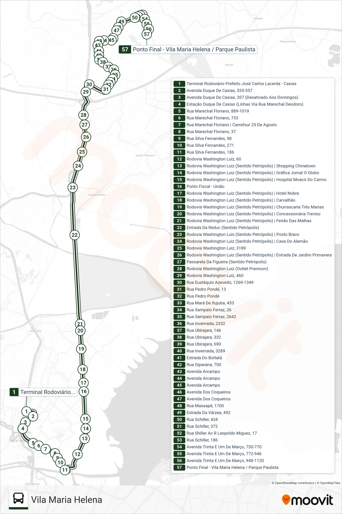 Rota e paradas da linha de ônibus 031 (Vila Maria Helena) no mapa