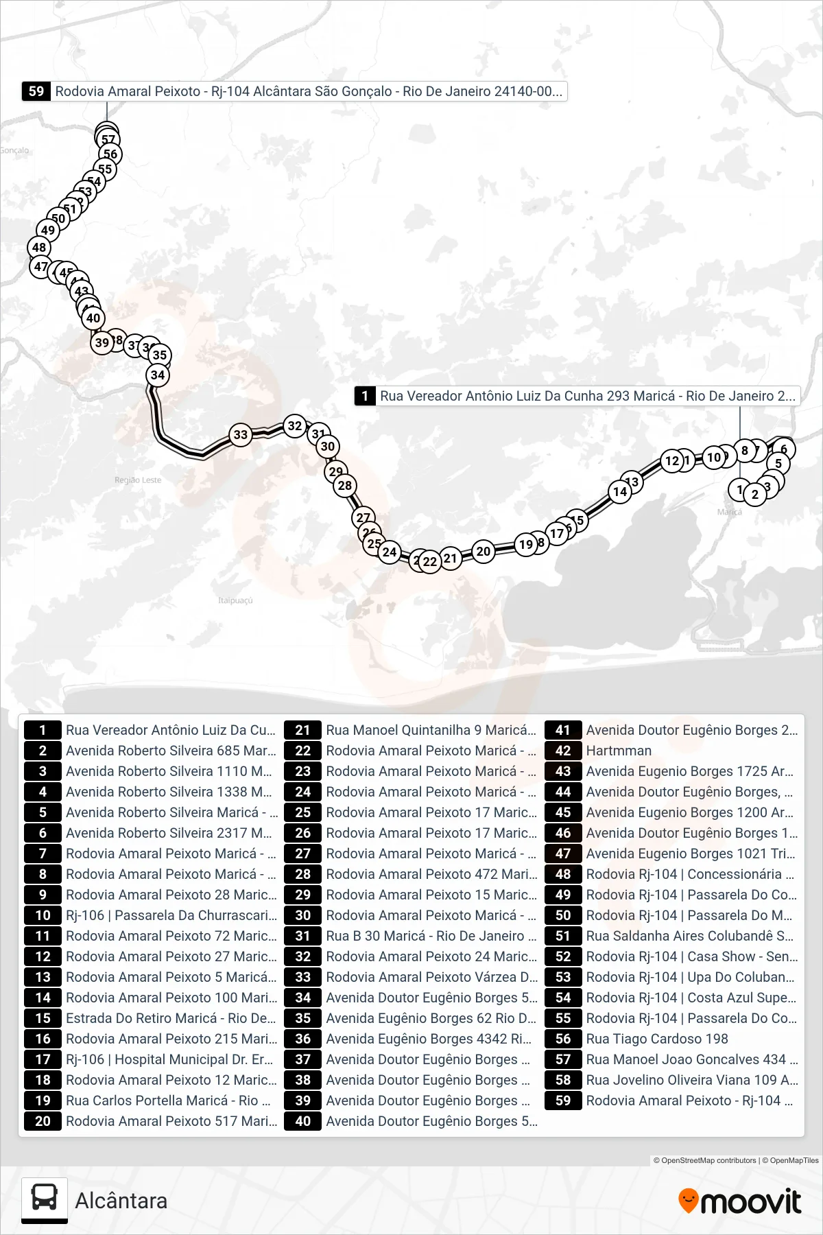 Rota e paradas da linha de ônibus 500R (Alcântara) no mapa