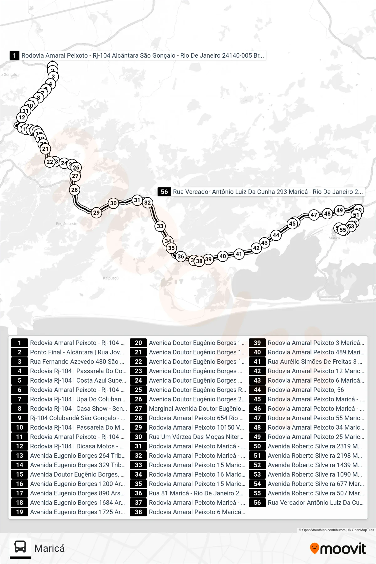 500R bus Line (Maricá) route and stops on a map