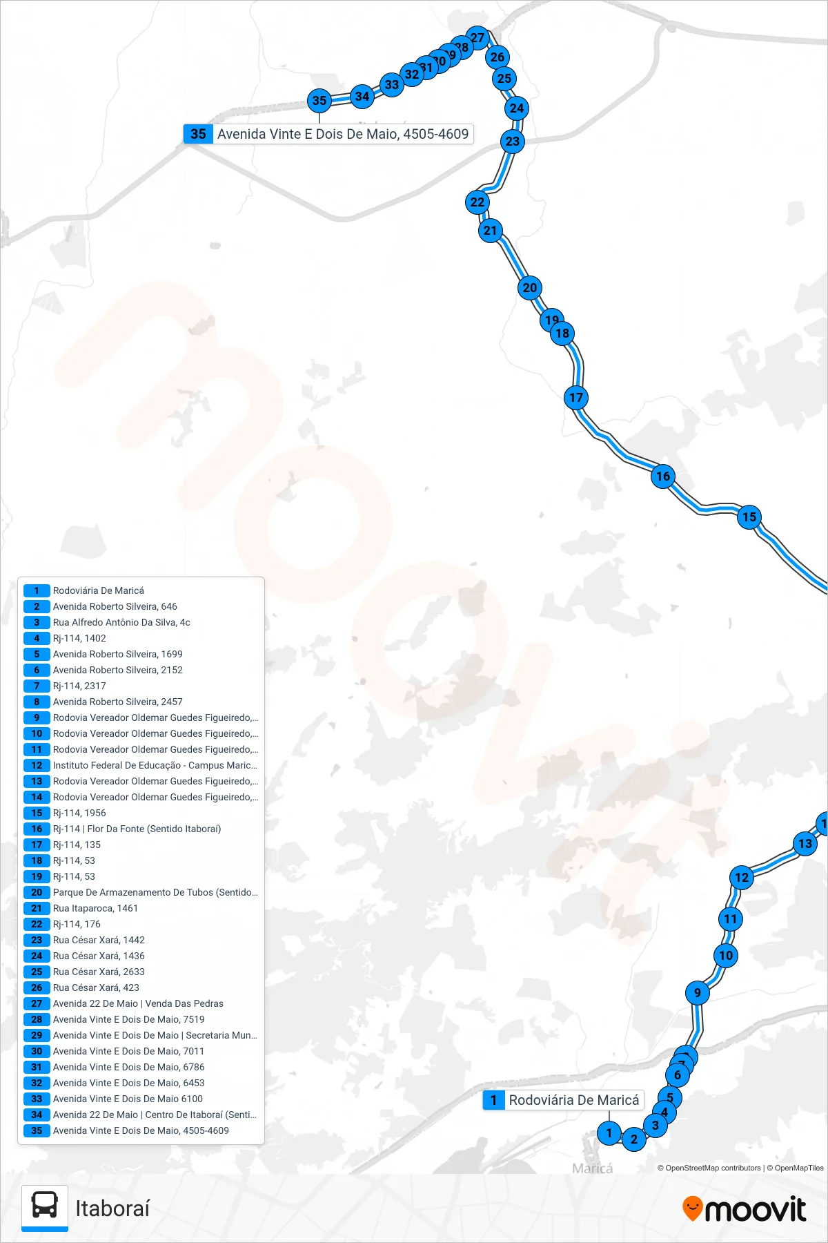 Rota e paradas da linha de ônibus 100R (Itaboraí) no mapa