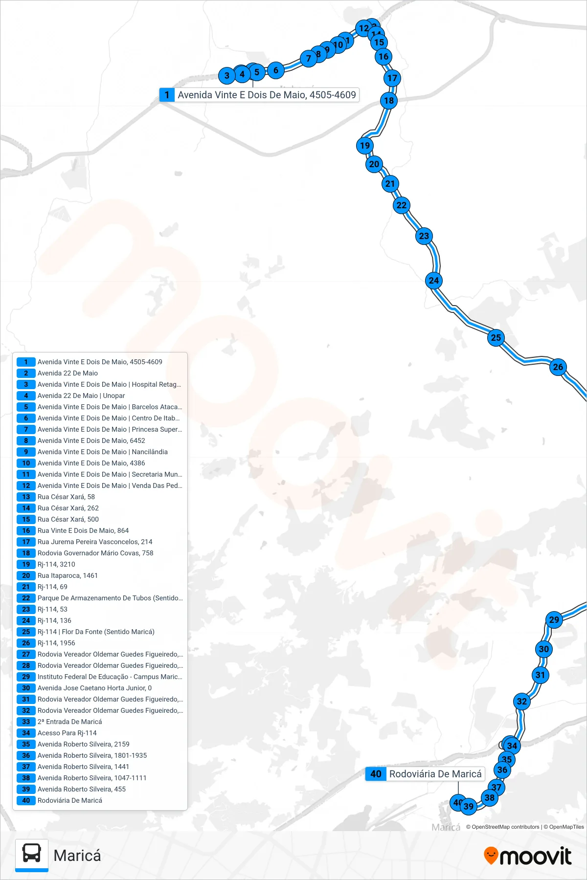 Rota e paradas da linha de ônibus 100R (Maricá) no mapa