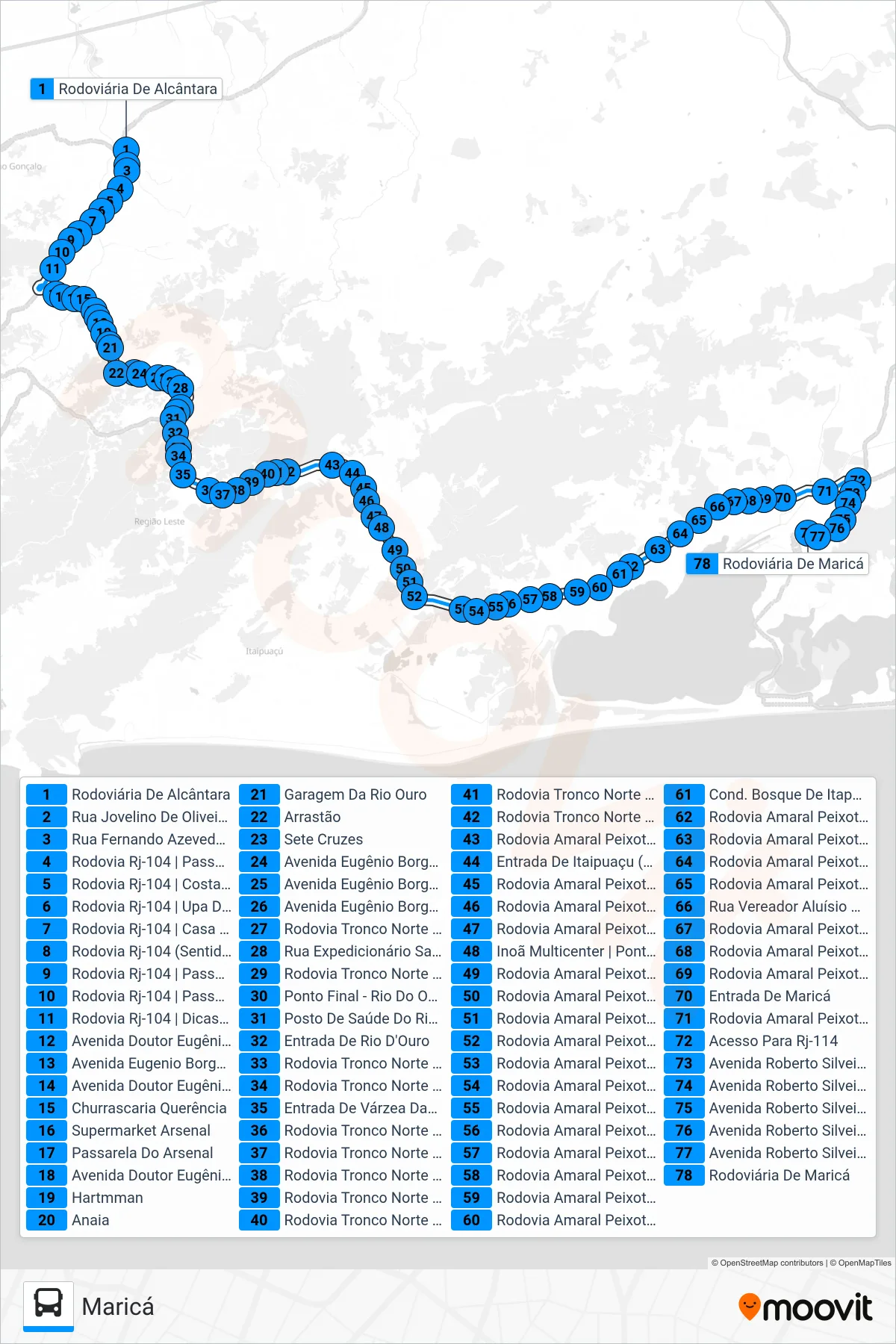 Rota e paradas da linha de ônibus 500R (Maricá) no mapa