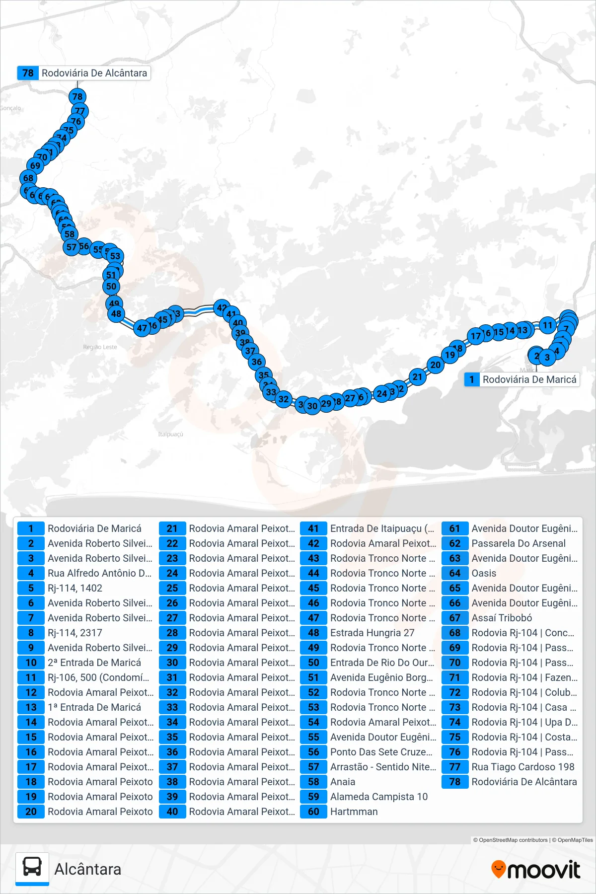 Rota e paradas da linha de ônibus 500R (Alcântara) no mapa
