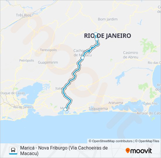 Mapa da linha MARICÁ - NOVA FRIBURGO (VIA CACHOEIRAS DE MACACU) de ônibus
