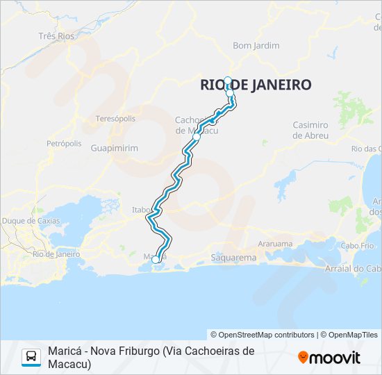 Mapa da linha MARICÁ - NOVA FRIBURGO (VIA CACHOEIRAS DE MACACU) de ônibus