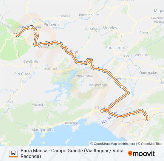 Mapa da linha BARRA MANSA - CAMPO GRANDE (VIA ITAGUAÍ / VOLTA REDONDA) de ônibus