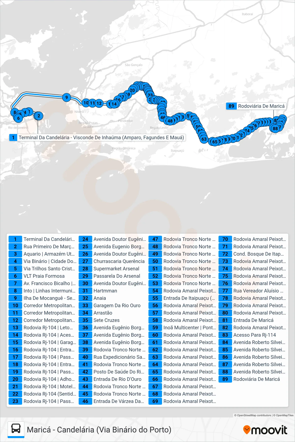 Rota e paradas da linha de ônibus 10146D (EXECUTIVO) (Maricá) no mapa