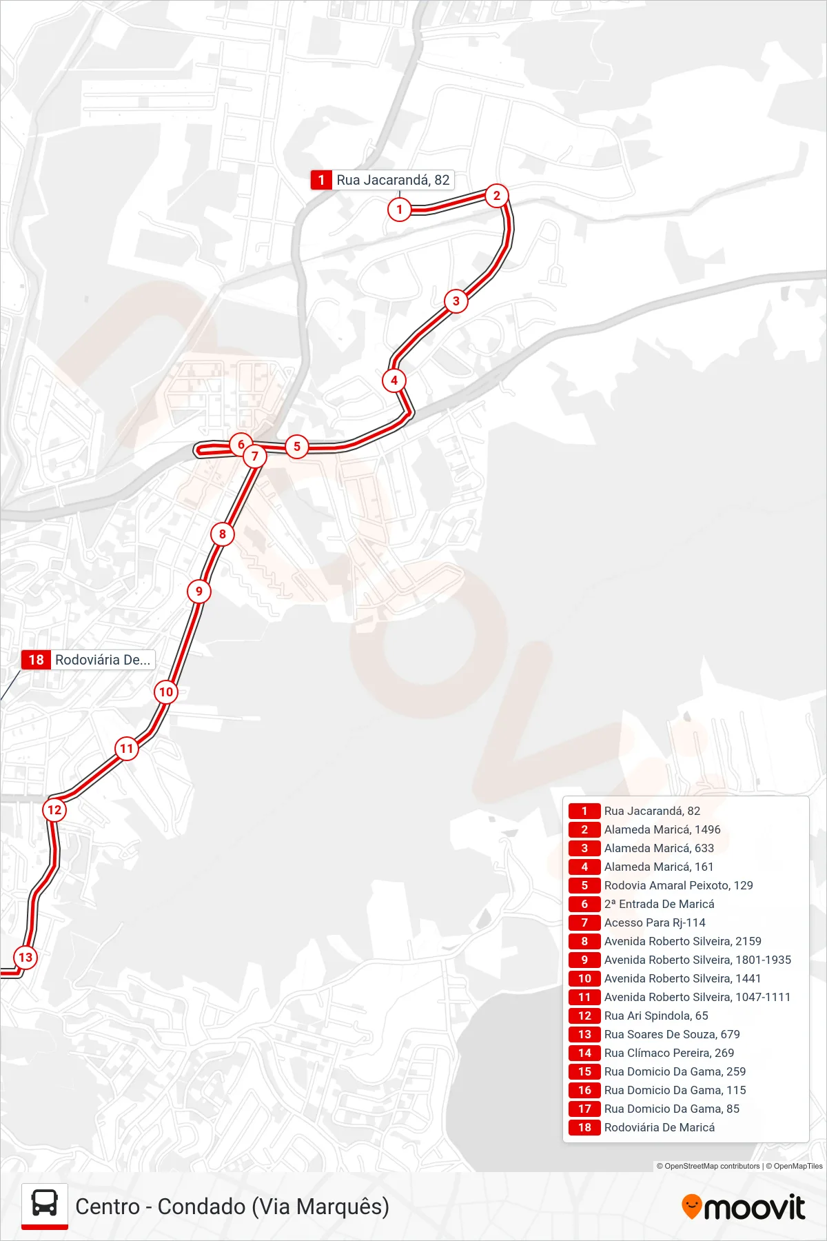 Rota e paradas da linha de ônibus E17 (Centro) no mapa