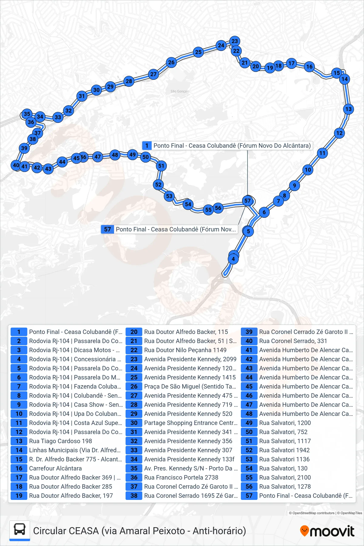Rota e paradas da linha de ônibus 02 (Circular CEASA (via Amaral Peixoto - Anti-horário)) no mapa