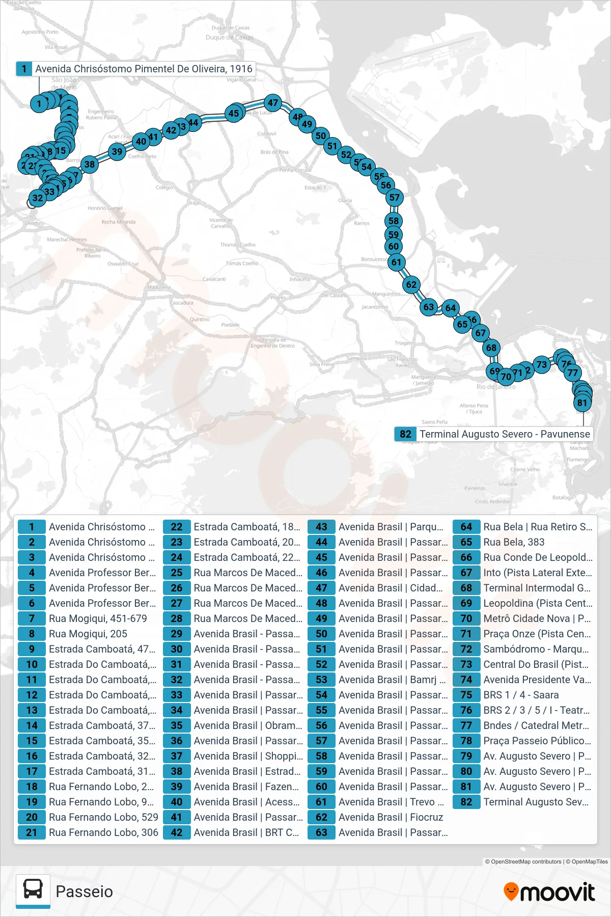 Rota e paradas da linha de ônibus 385 (Passeio) no mapa