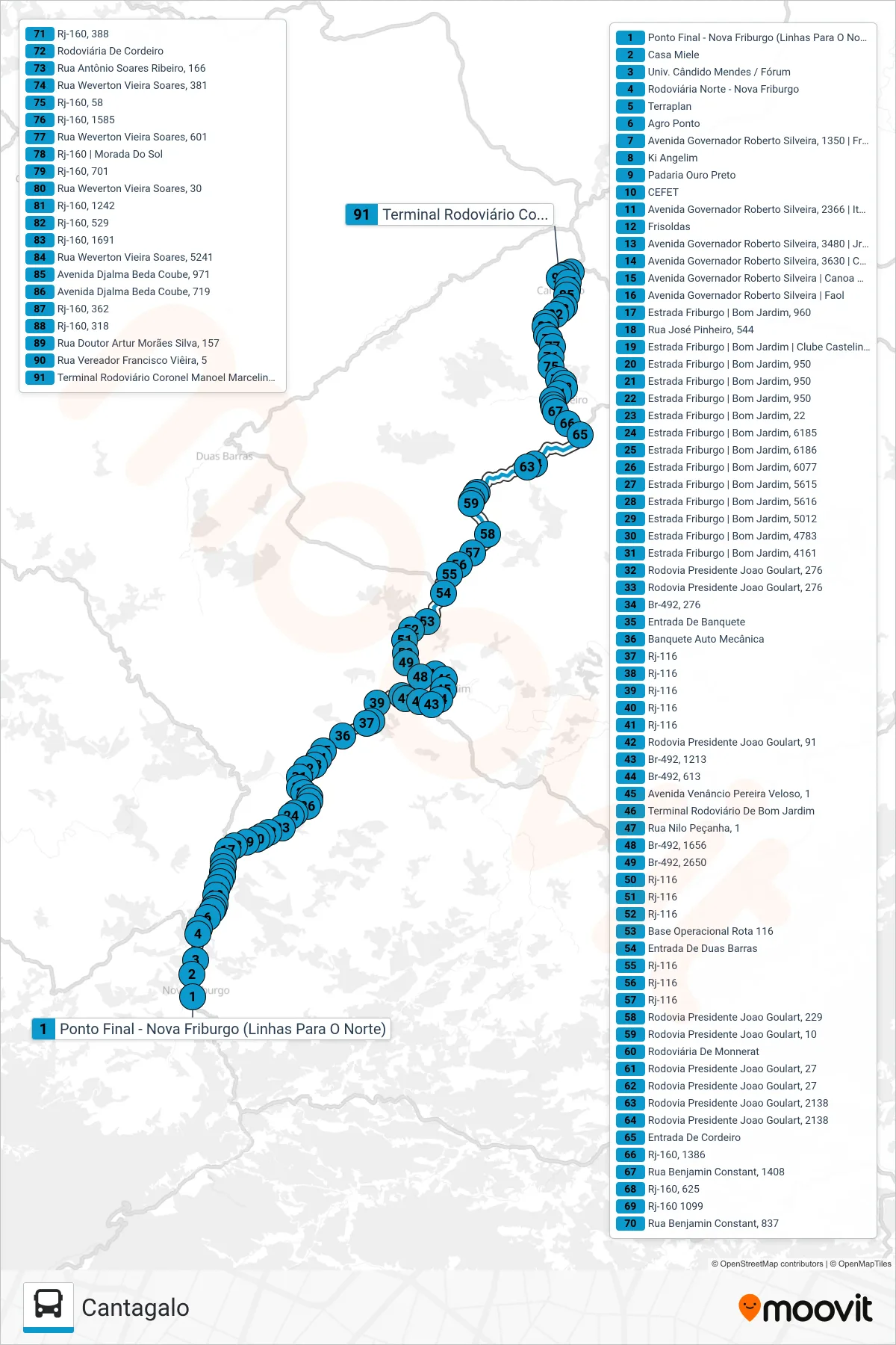 Rota e paradas da linha de ônibus S111 (Cantagalo) no mapa