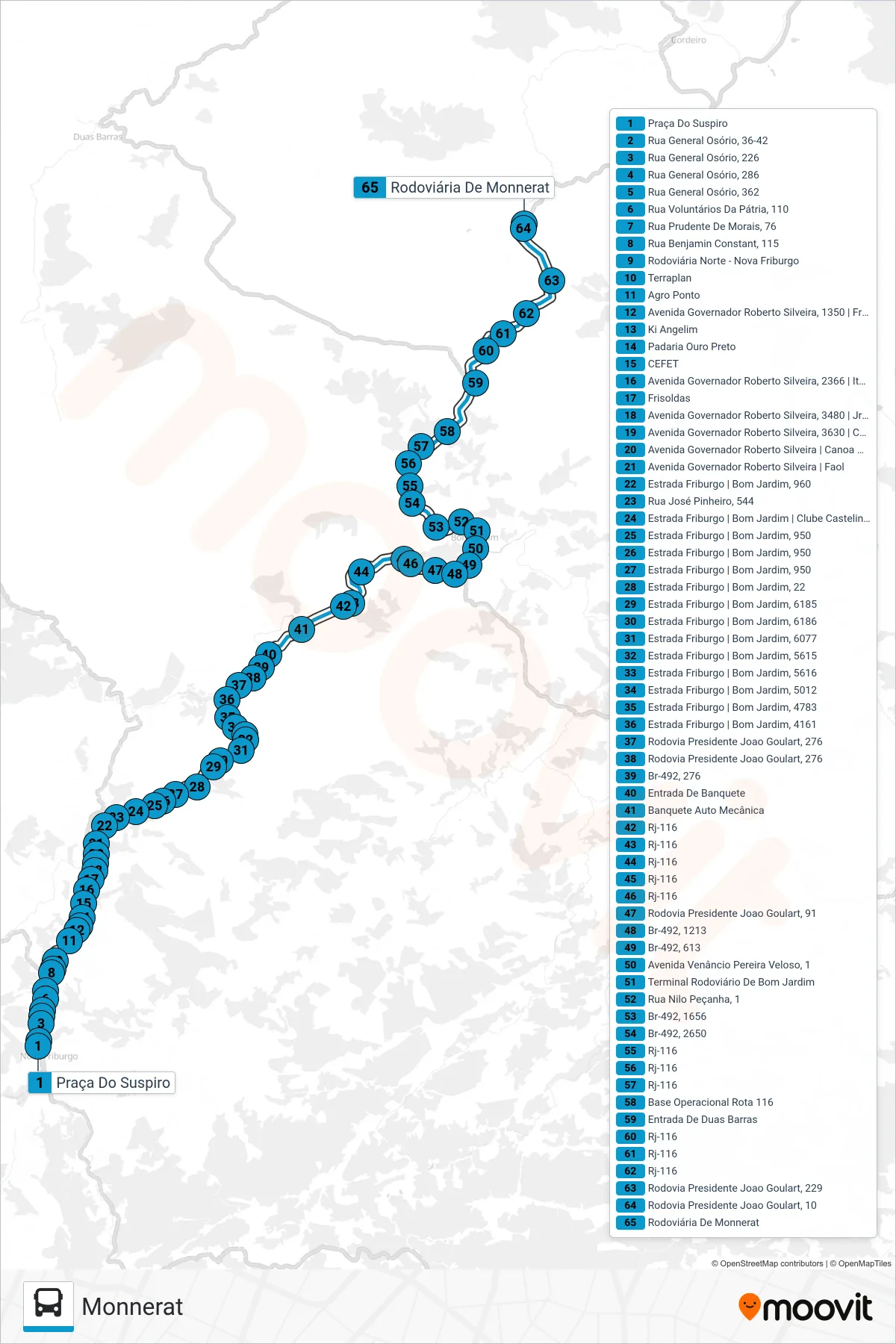 Rota e paradas da linha de ônibus S404 (Monnerat) no mapa