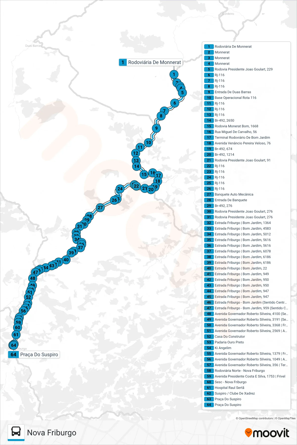 Rota e paradas da linha de ônibus S404 (Nova Friburgo) no mapa